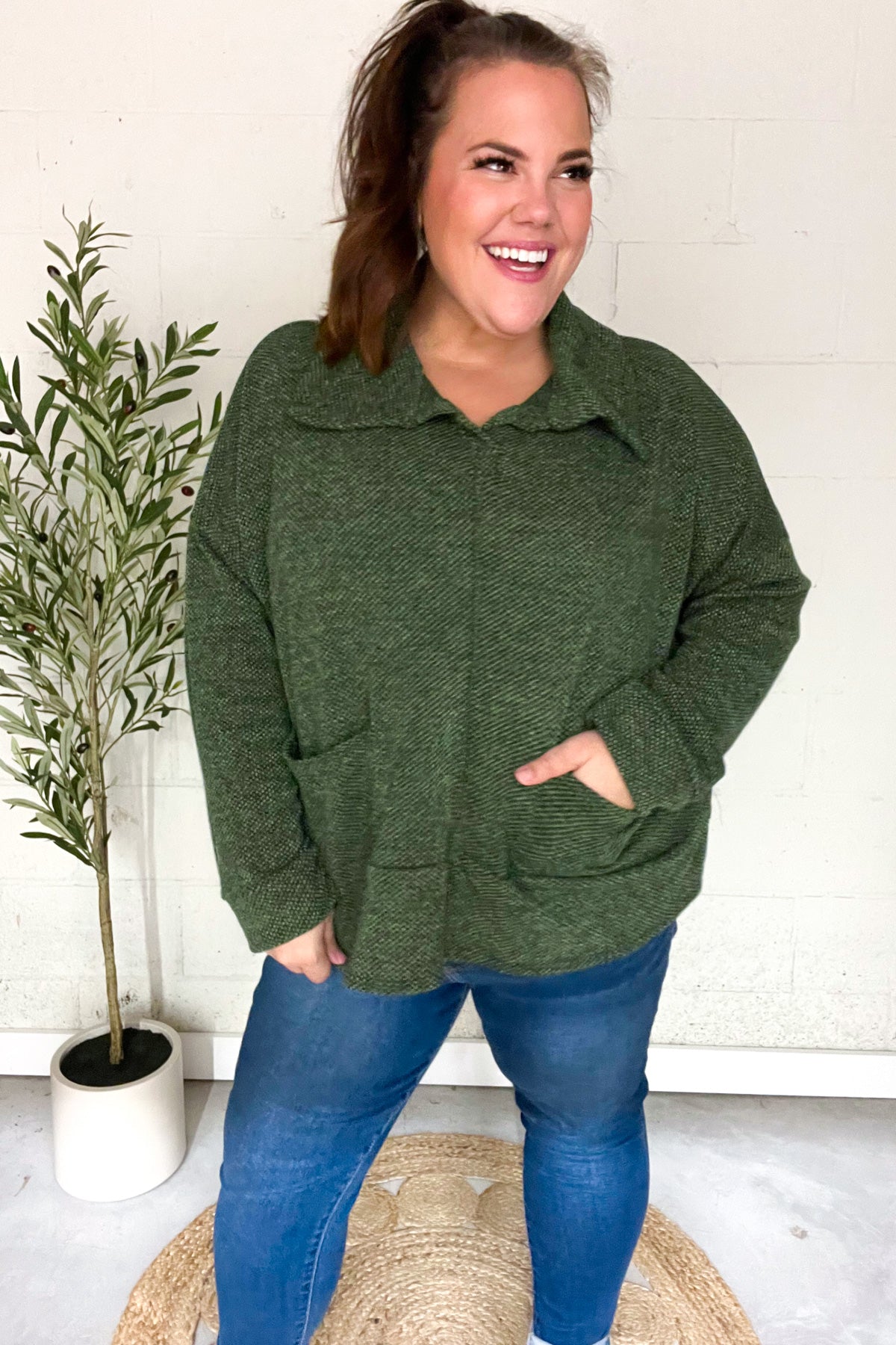 Olive Textured Knit Notch Neck Oversized Collar Sweater