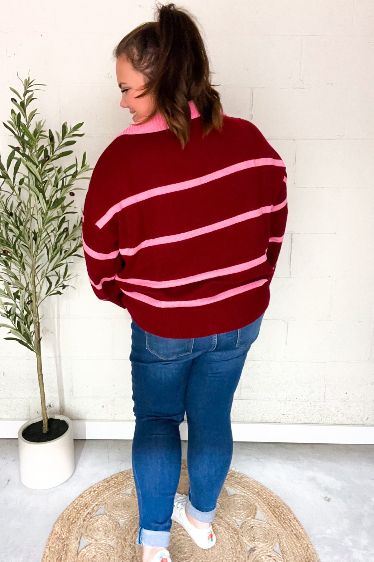 Crimson Stripe Notched Neck Collared Oversized Sweater