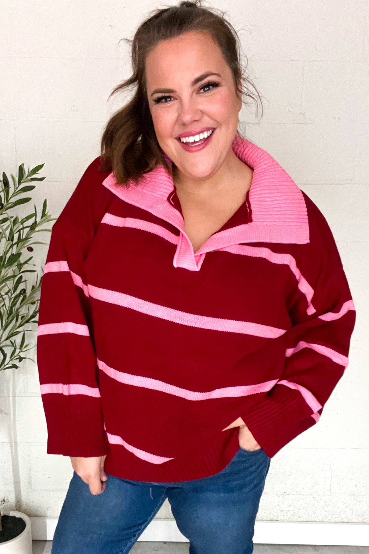 Crimson Stripe Notched Neck Collared Oversized Sweater