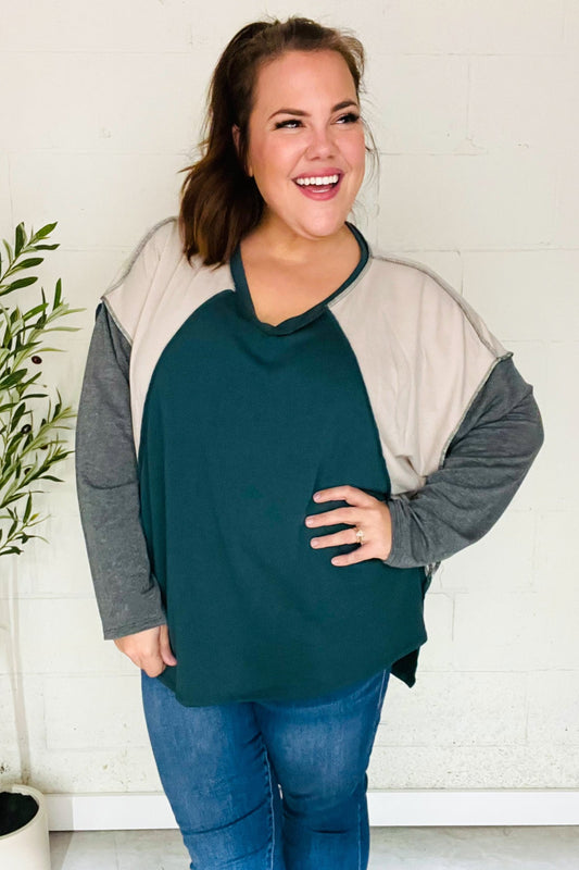 Hunter Green V Neck Raglan Color Block Outseam Top