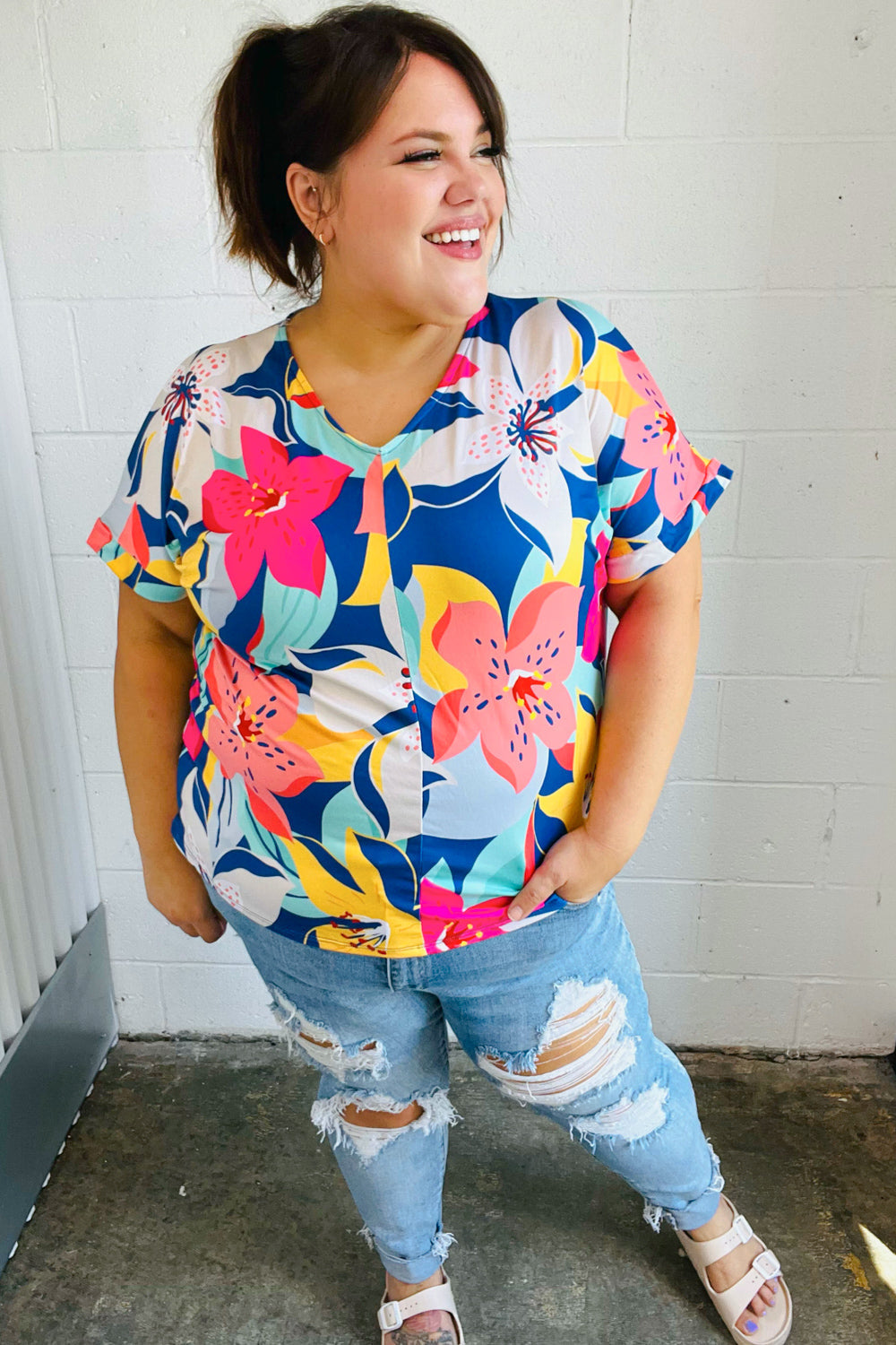 FINAL SALE - Navy & Yellow Tropical Floral V Neck Top