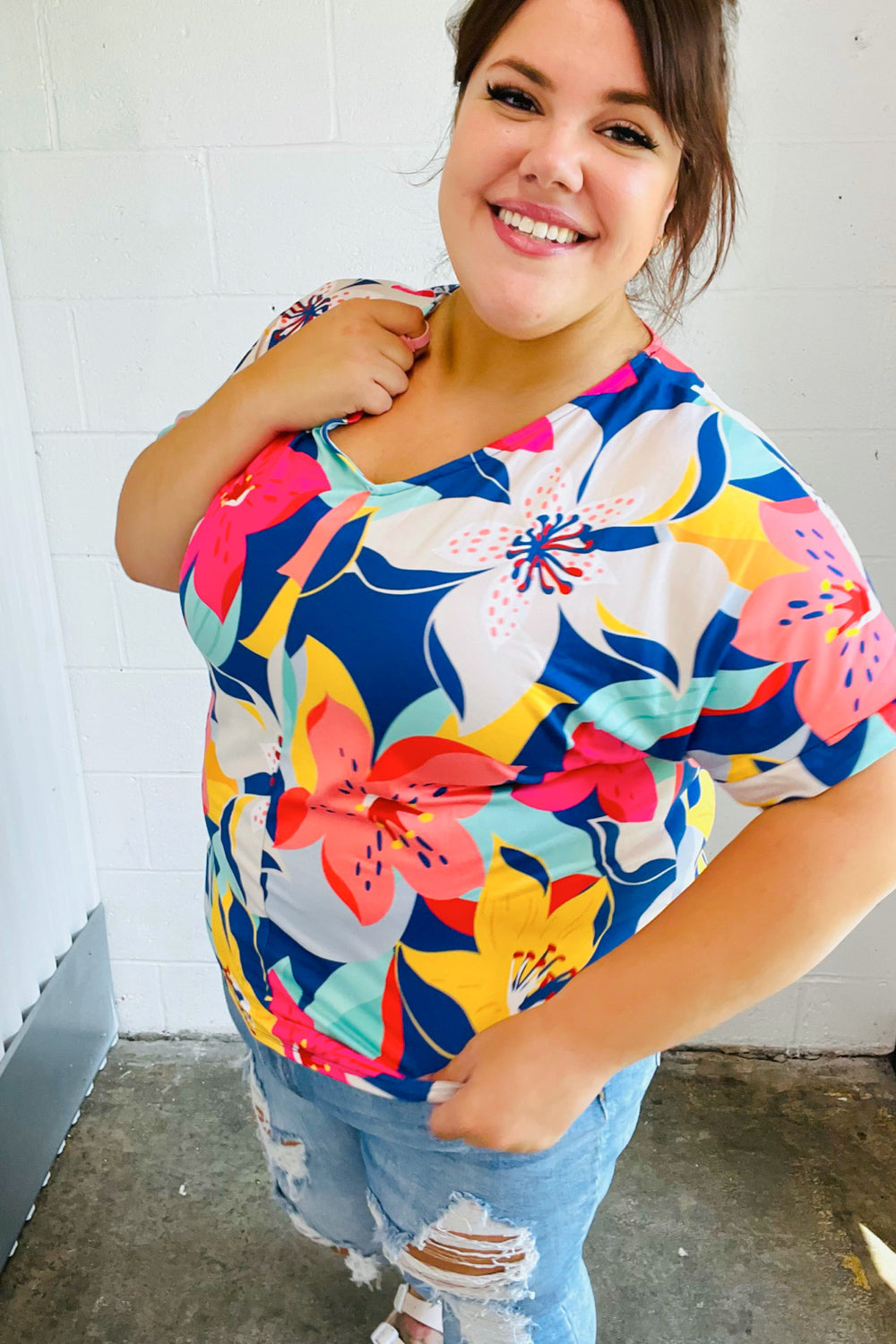 FINAL SALE - Navy & Yellow Tropical Floral V Neck Top