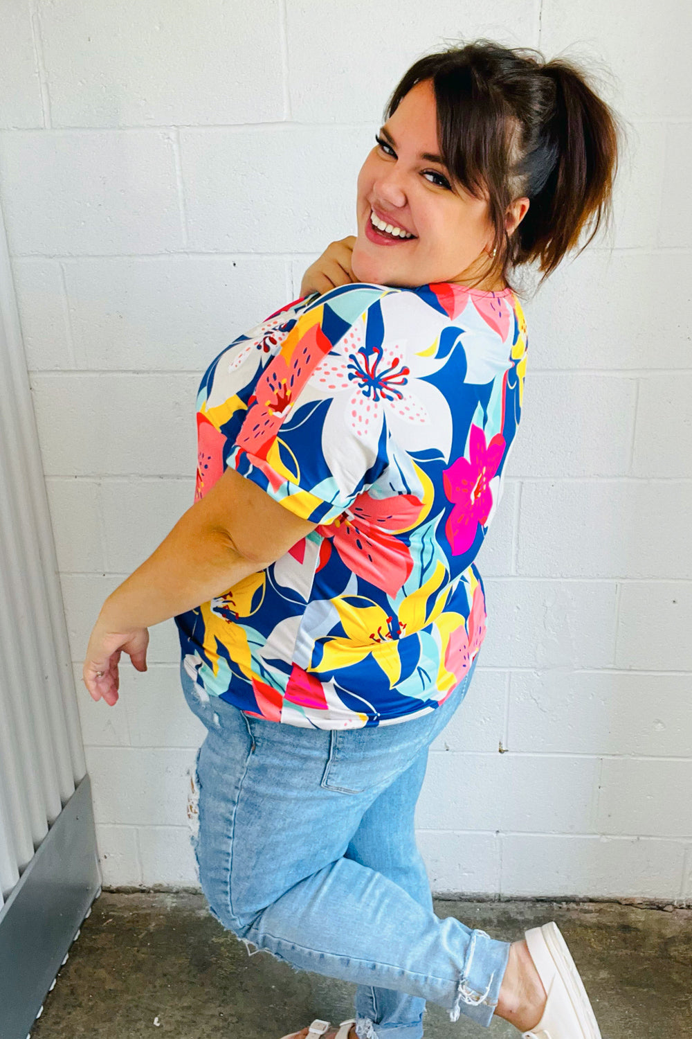 FINAL SALE - Navy & Yellow Tropical Floral V Neck Top