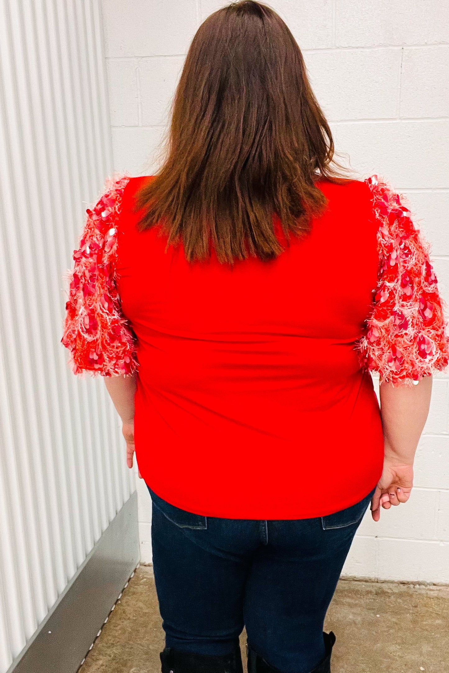 Red Sequin Puff Short Sleeve Top