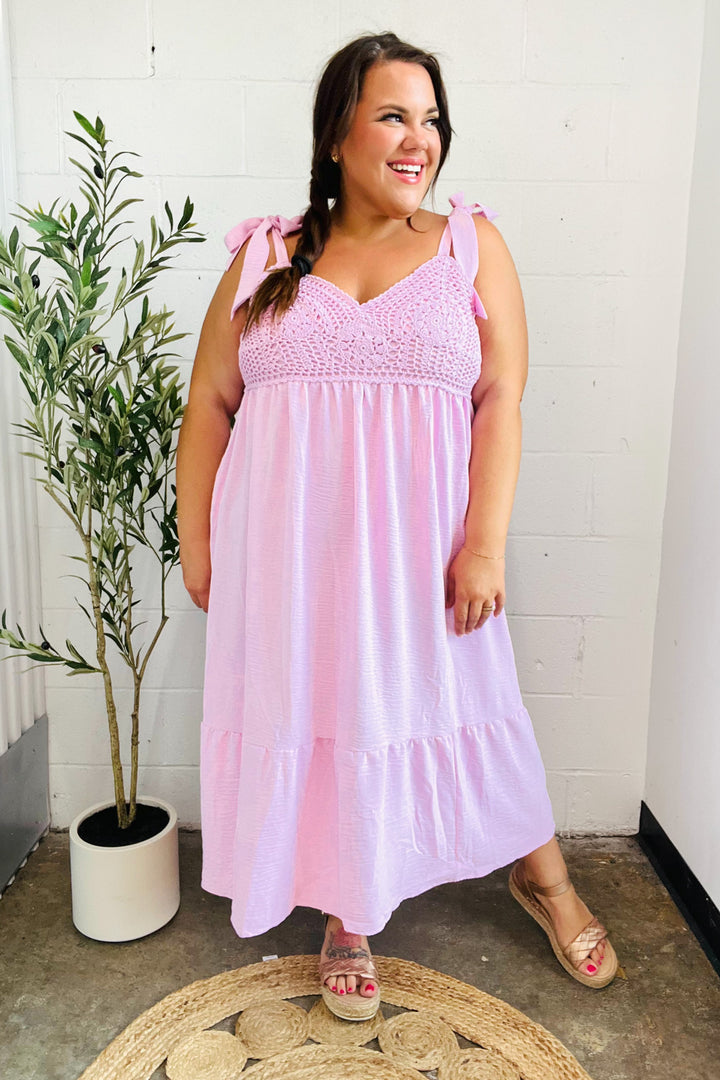 Pink Crochet Lace Babydoll Midi Dress