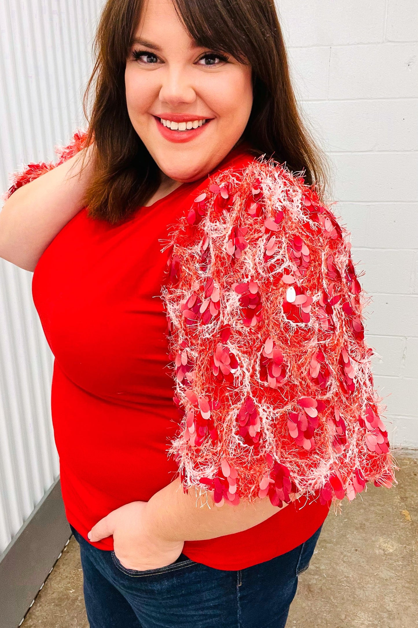 Red Sequin Puff Short Sleeve Top