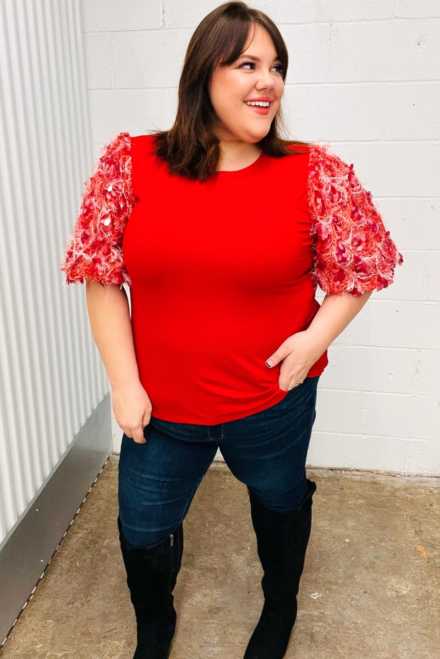 Red Sequin Puff Short Sleeve Top