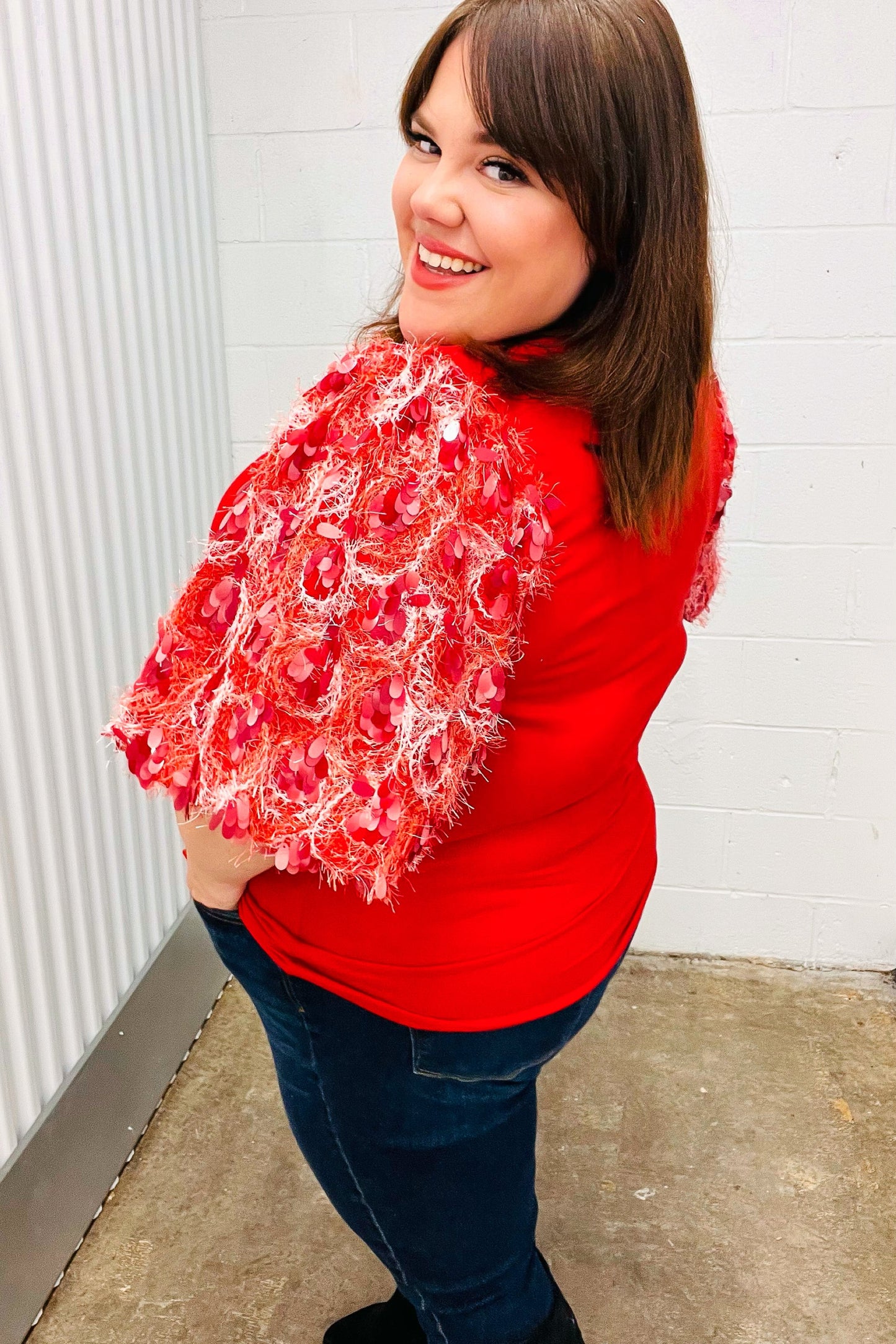 Red Sequin Puff Short Sleeve Top