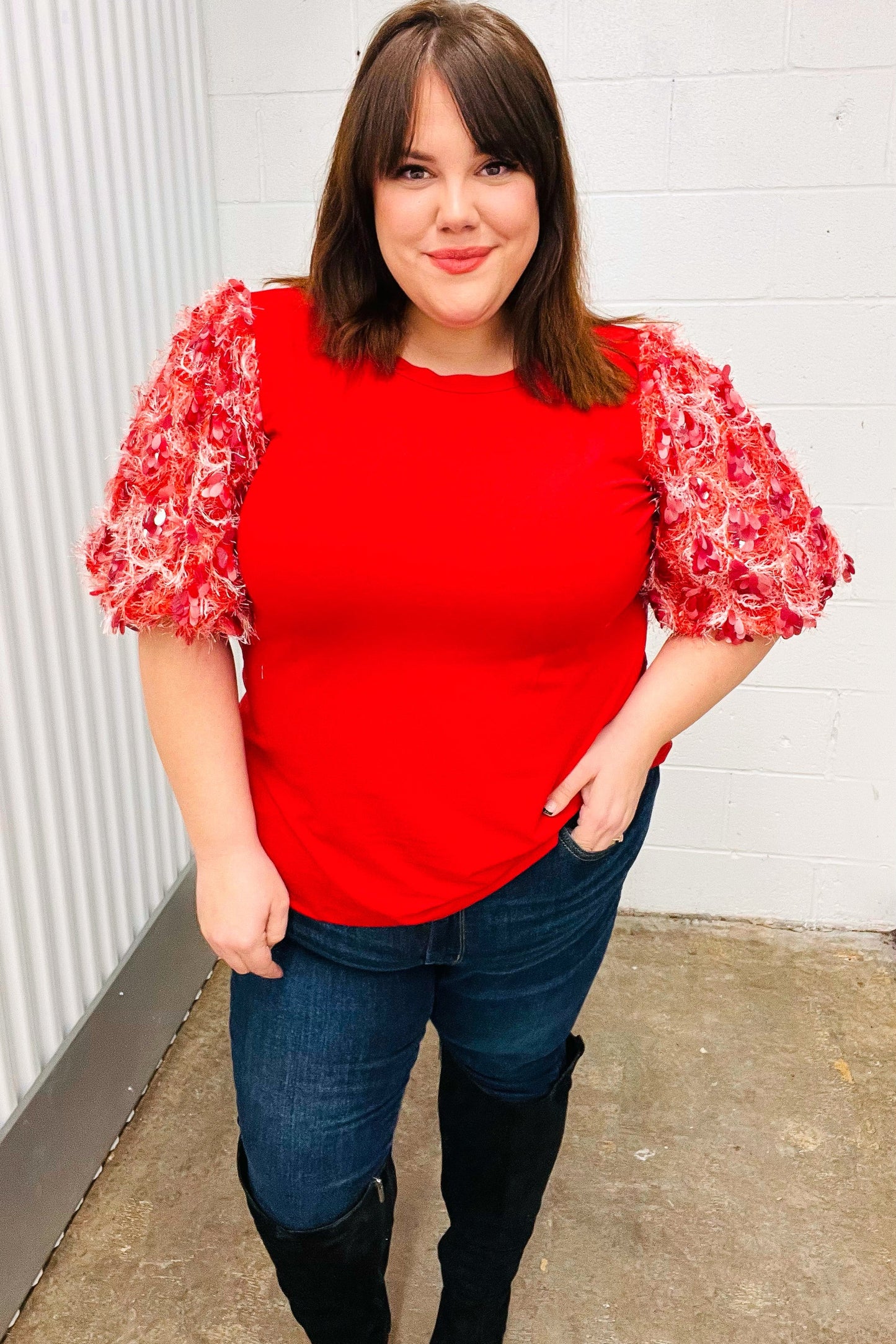 Red Sequin Puff Short Sleeve Top