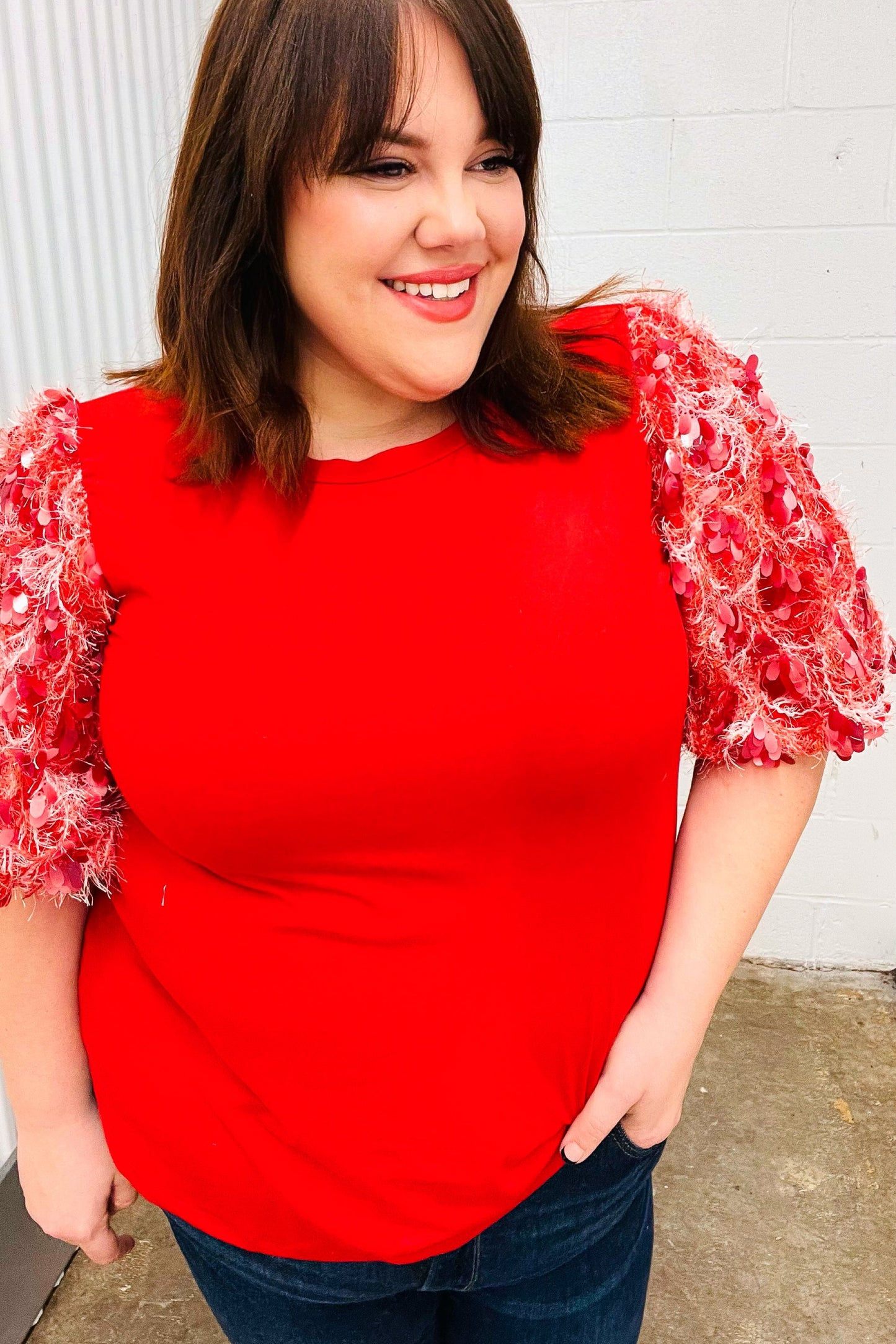 Red Sequin Puff Short Sleeve Top