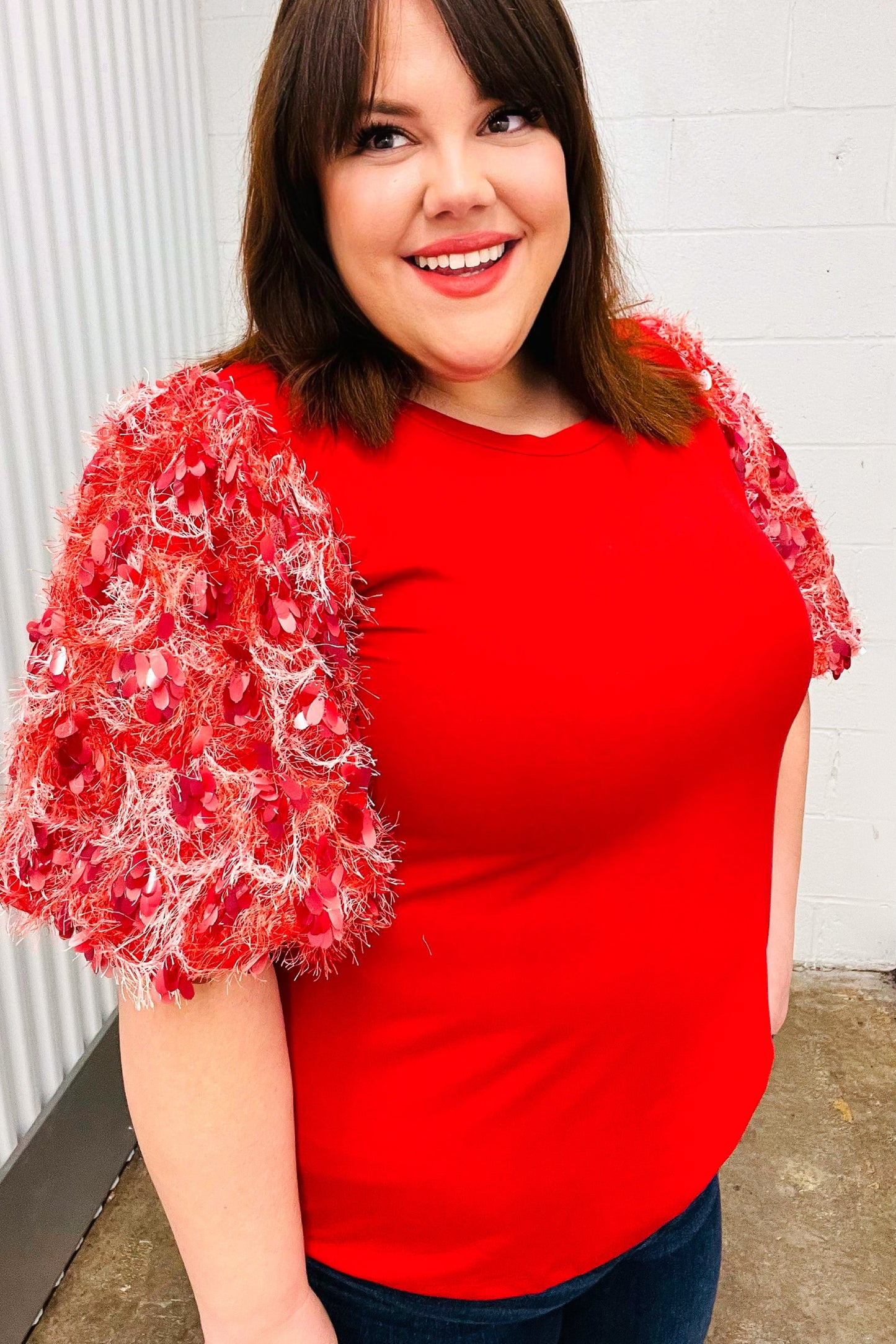 Red Sequin Puff Short Sleeve Top