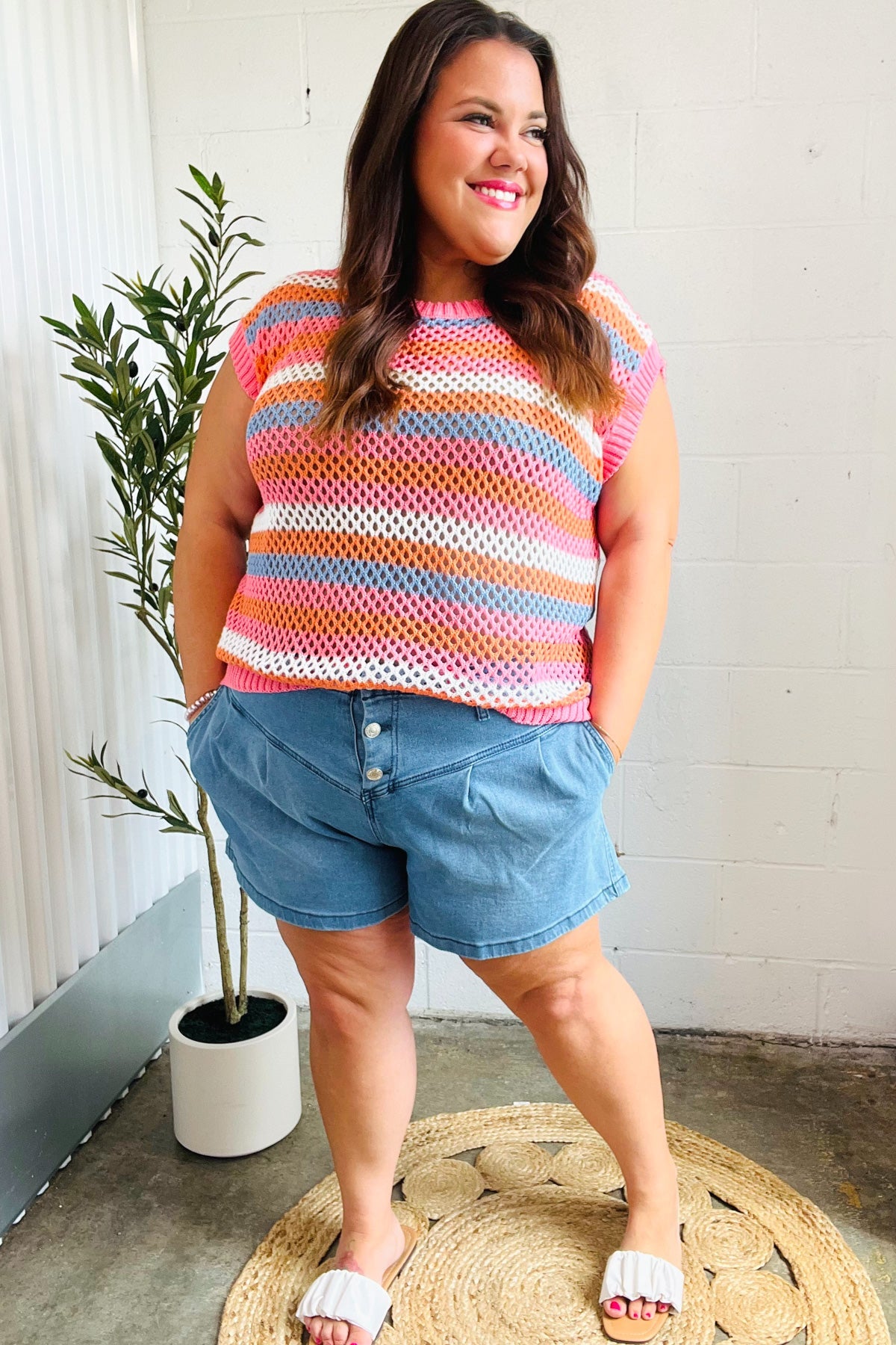 Pink & Blue Striped Netted Crochet Dolman Sweater Top