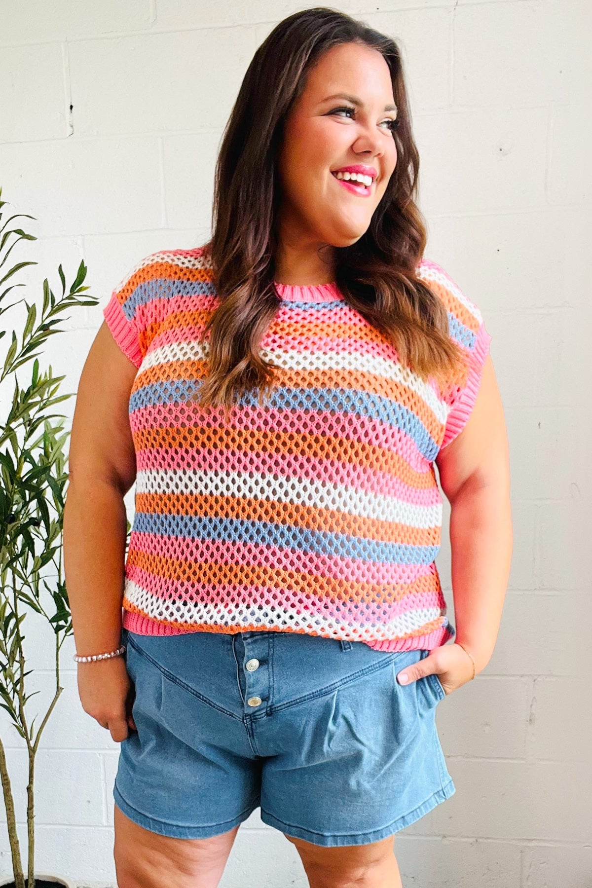 Pink & Blue Striped Netted Crochet Dolman Sweater Top