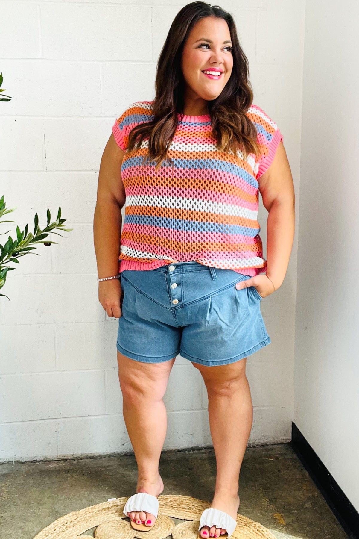 Pink & Blue Striped Netted Crochet Dolman Sweater Top