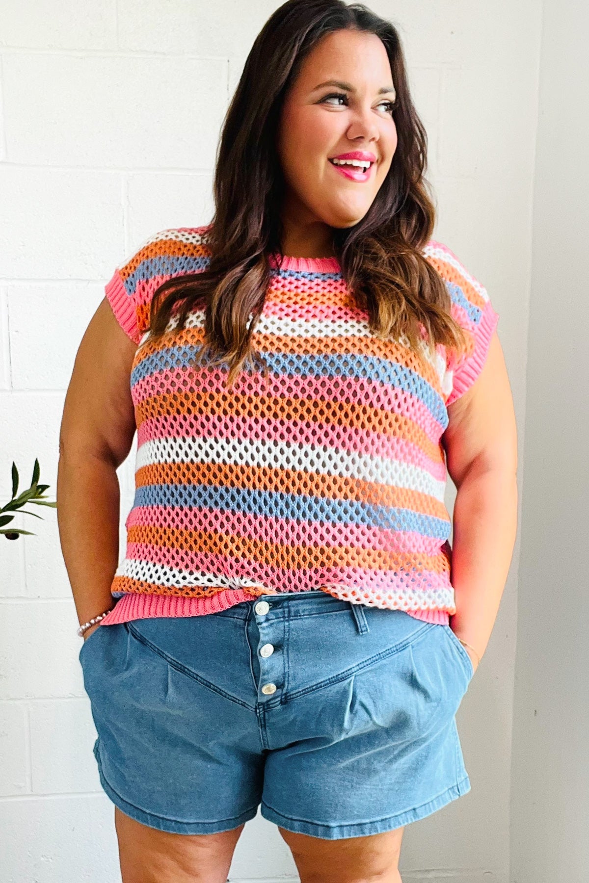 Pink & Blue Striped Netted Crochet Dolman Sweater Top