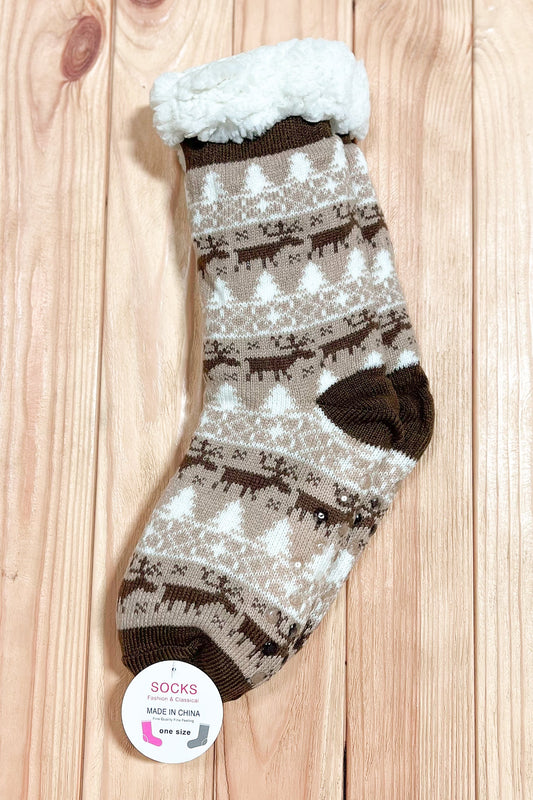 Brown Reindeer Sherpa Traction Bottom Slipper Socks