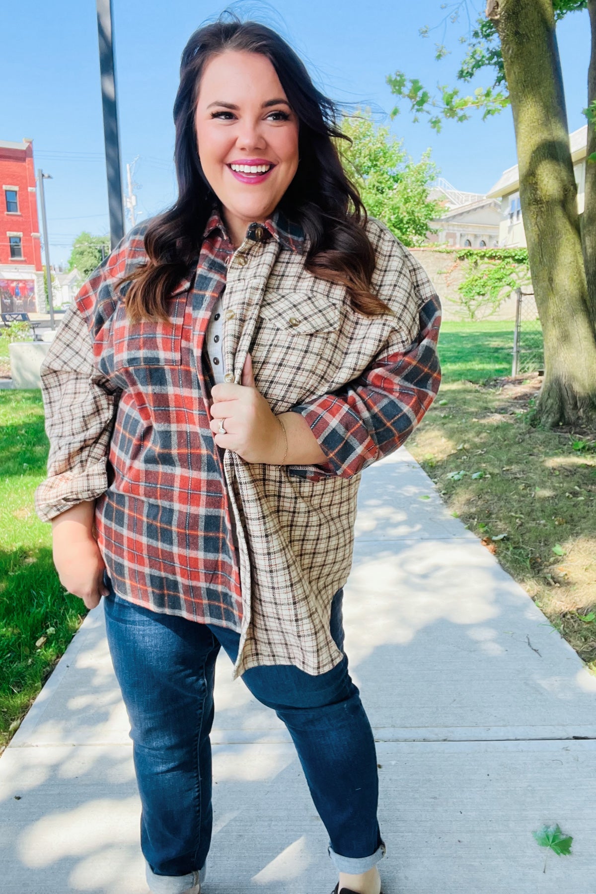 Rust & Taupe Plaid Color Block Shacket