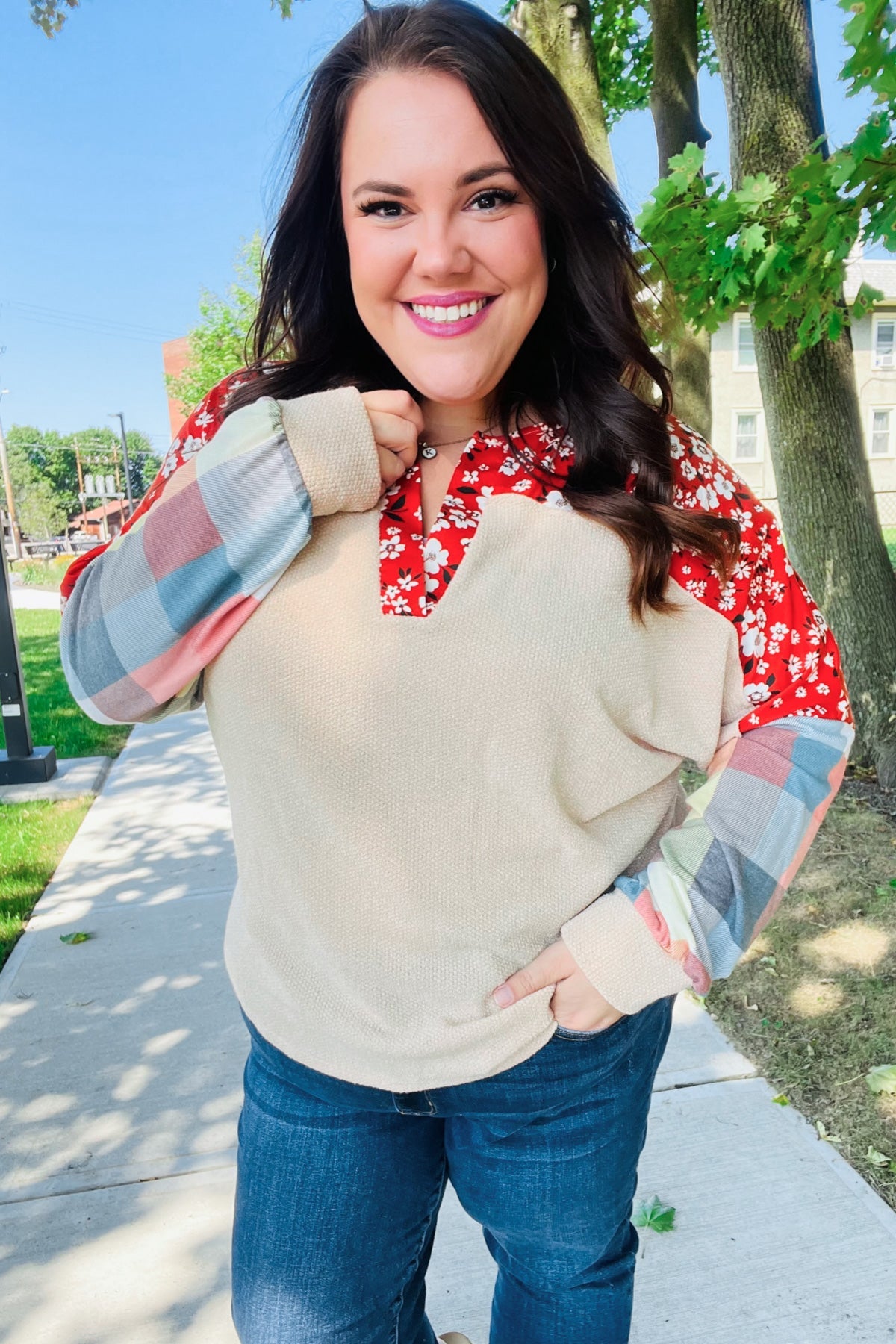 Rust & Oatmeal Plaid Floral Color Block Notch Neck Top