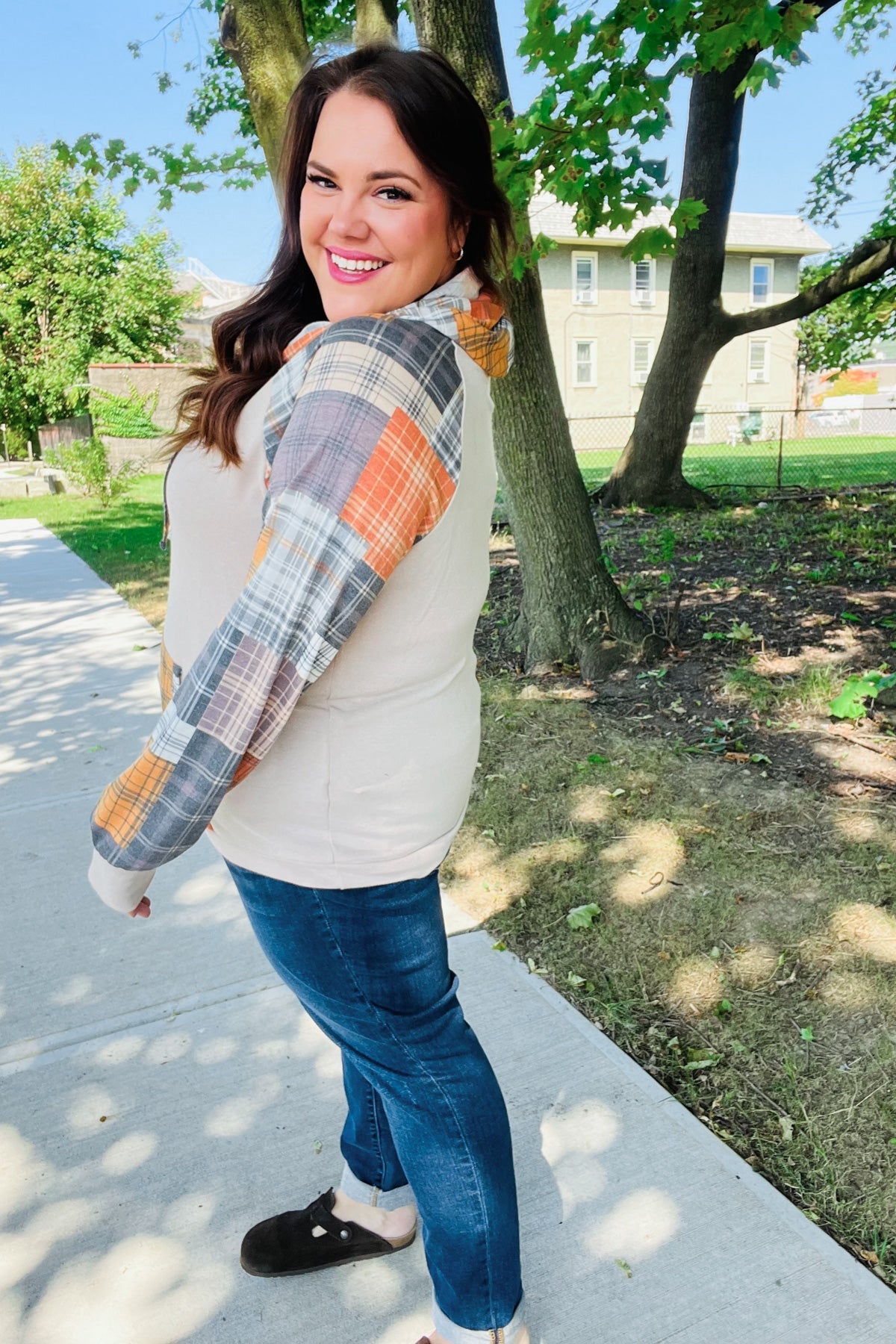 Orange & Taupe Plaid Terry Kangaroo Pocket Hoodie