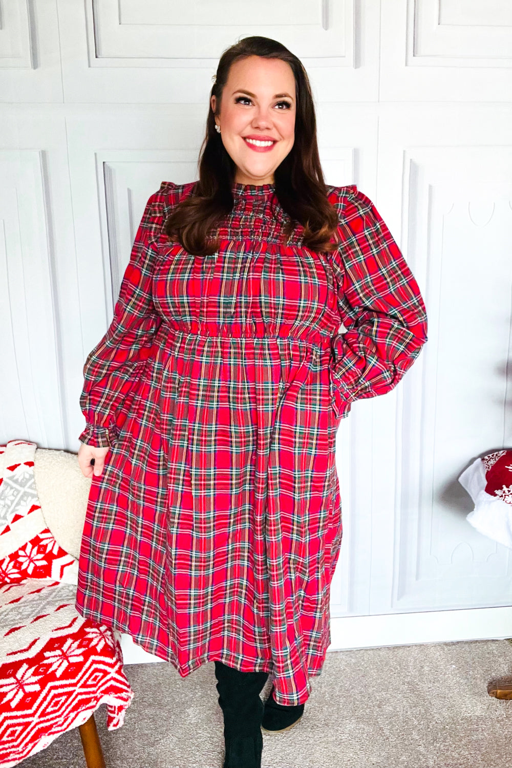 Hunter Red Plaid Check Woven Midi Dress