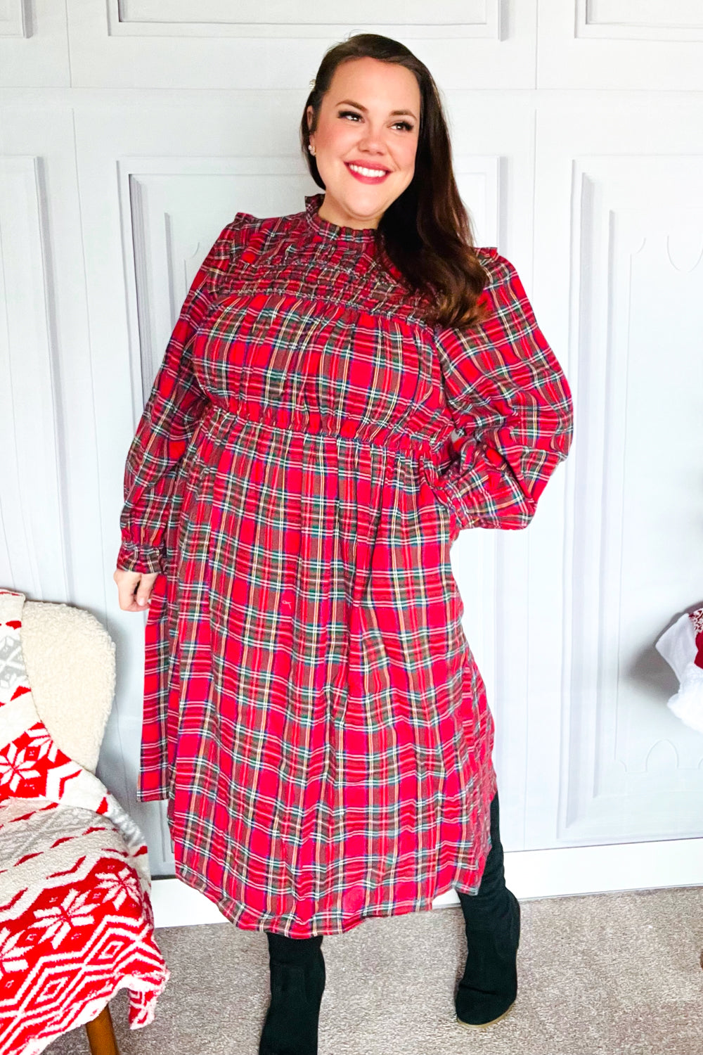 Hunter Red Plaid Check Woven Midi Dress