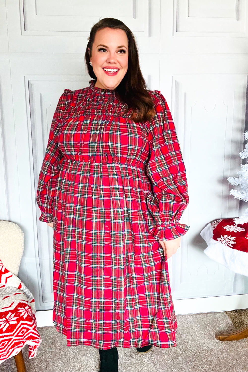 Hunter Red Plaid Check Woven Midi Dress