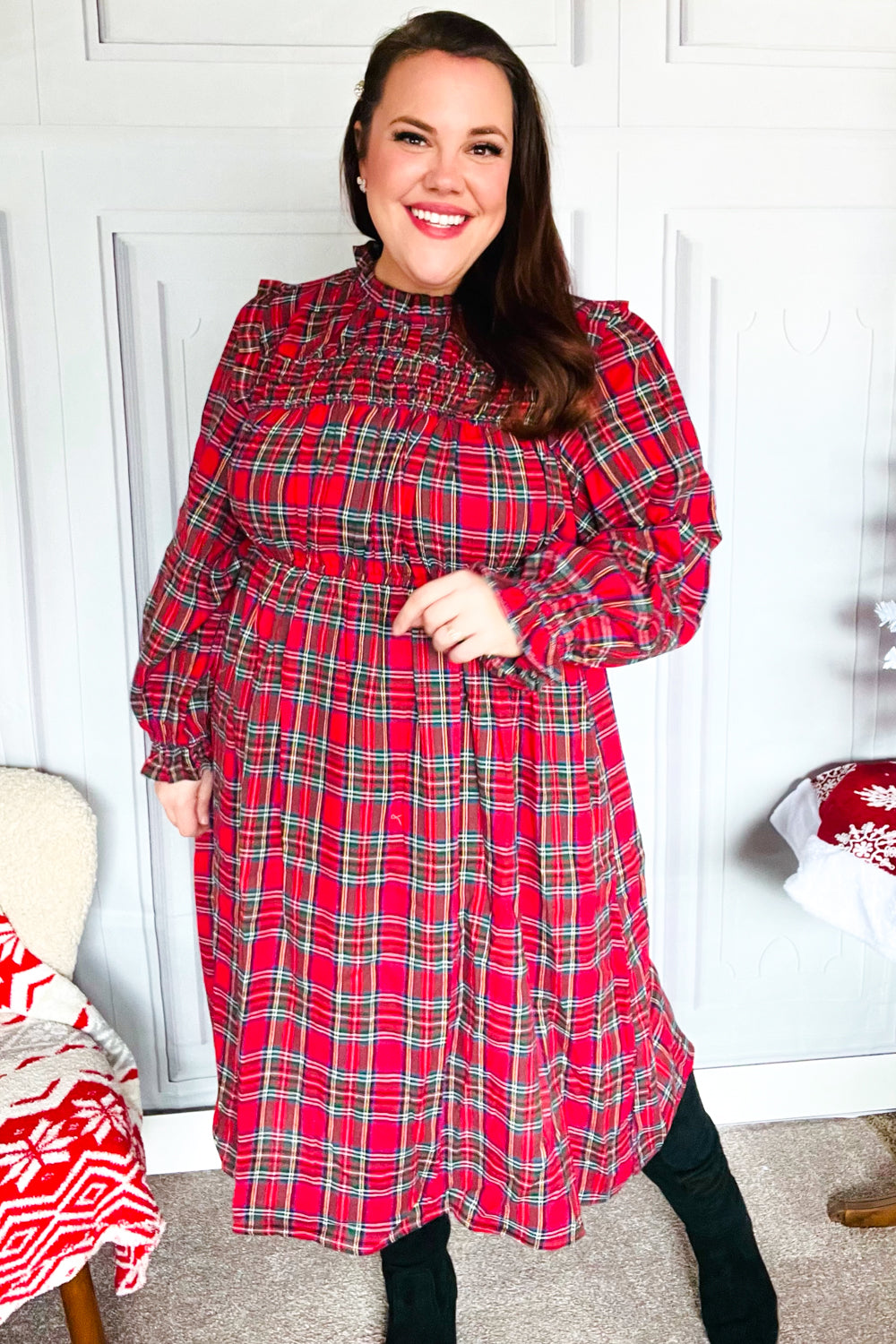 Hunter Red Plaid Check Woven Midi Dress