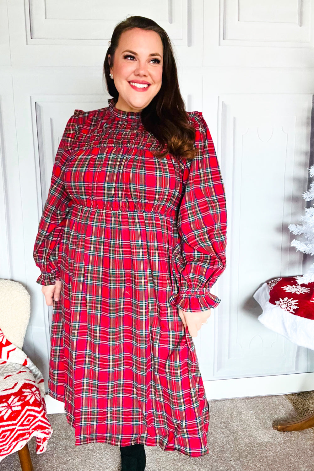 Hunter Red Plaid Check Woven Midi Dress