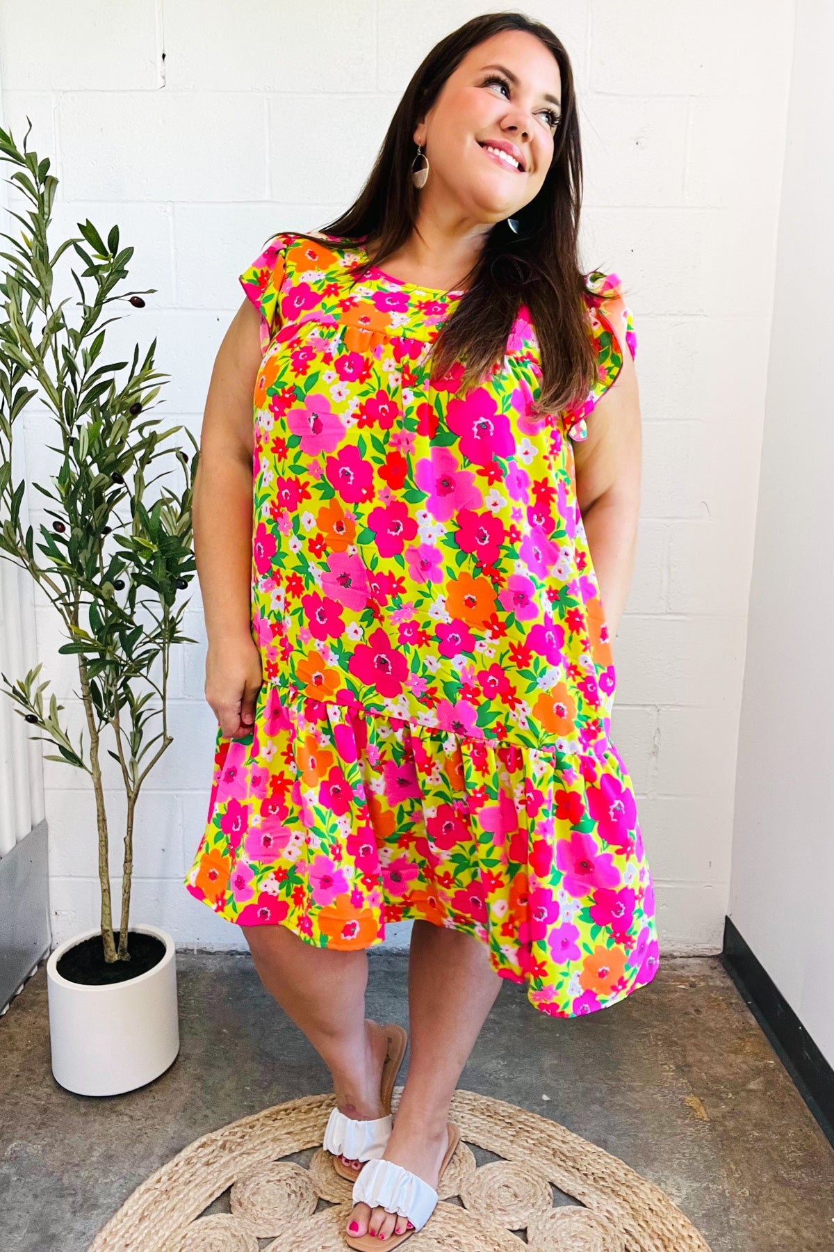 Lime Pink Floral Tiered Ruffle Sleeve Dress