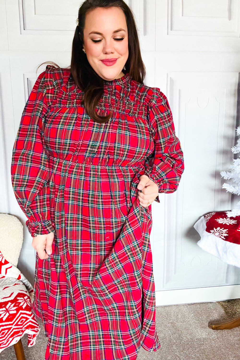 Hunter Red Plaid Check Woven Midi Dress