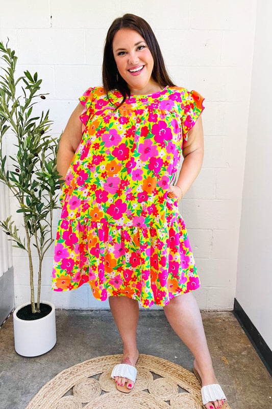 Lime Pink Floral Tiered Ruffle Sleeve Dress