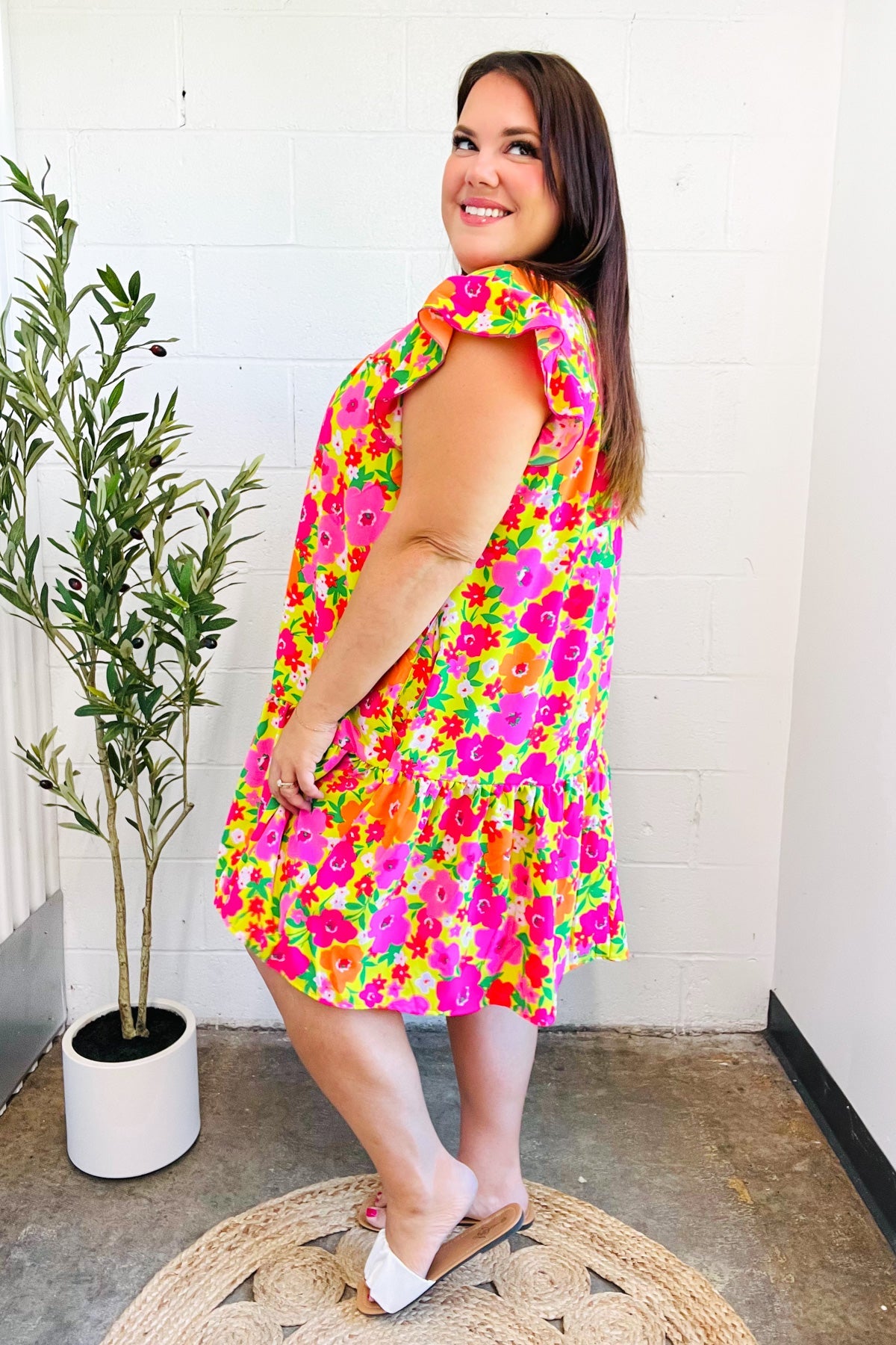 Lime Pink Floral Tiered Ruffle Sleeve Dress