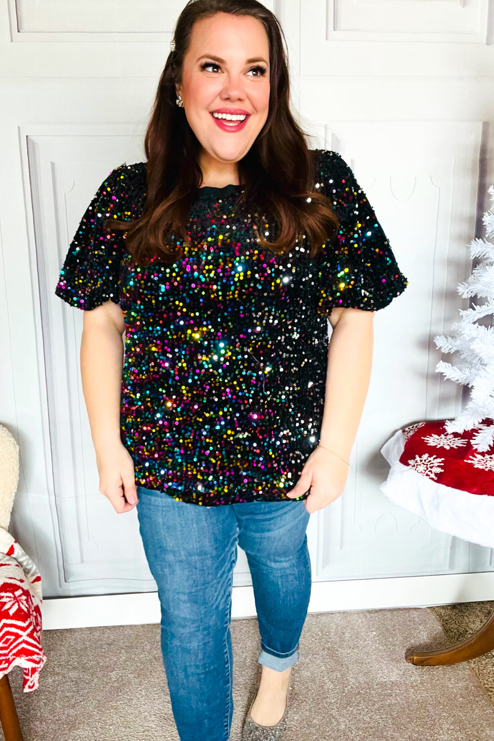 Black Velvet Multicolor Sequin Puff Sleeve Top