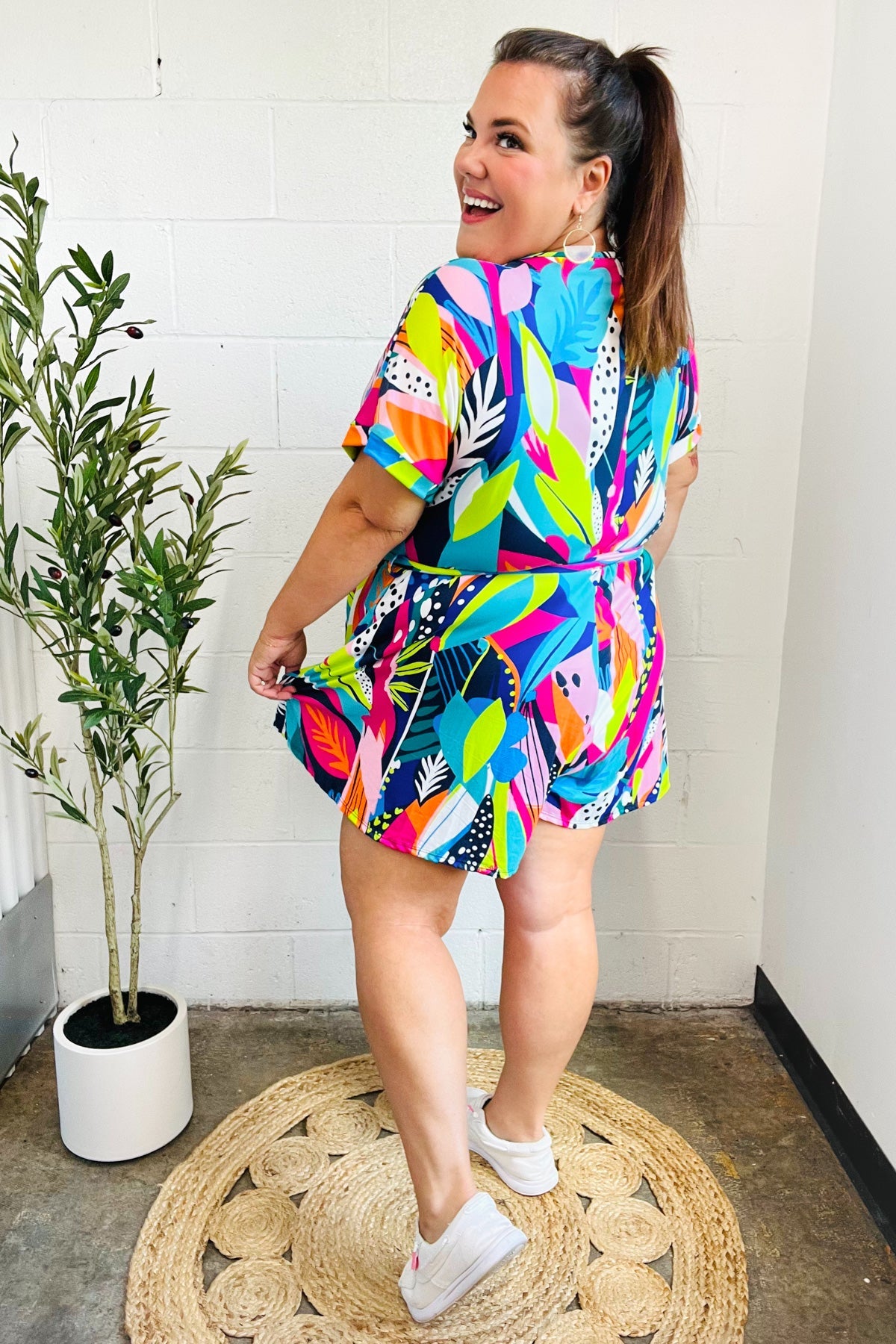 Multicolor Tropical Print Surplice Tie Waist Romper