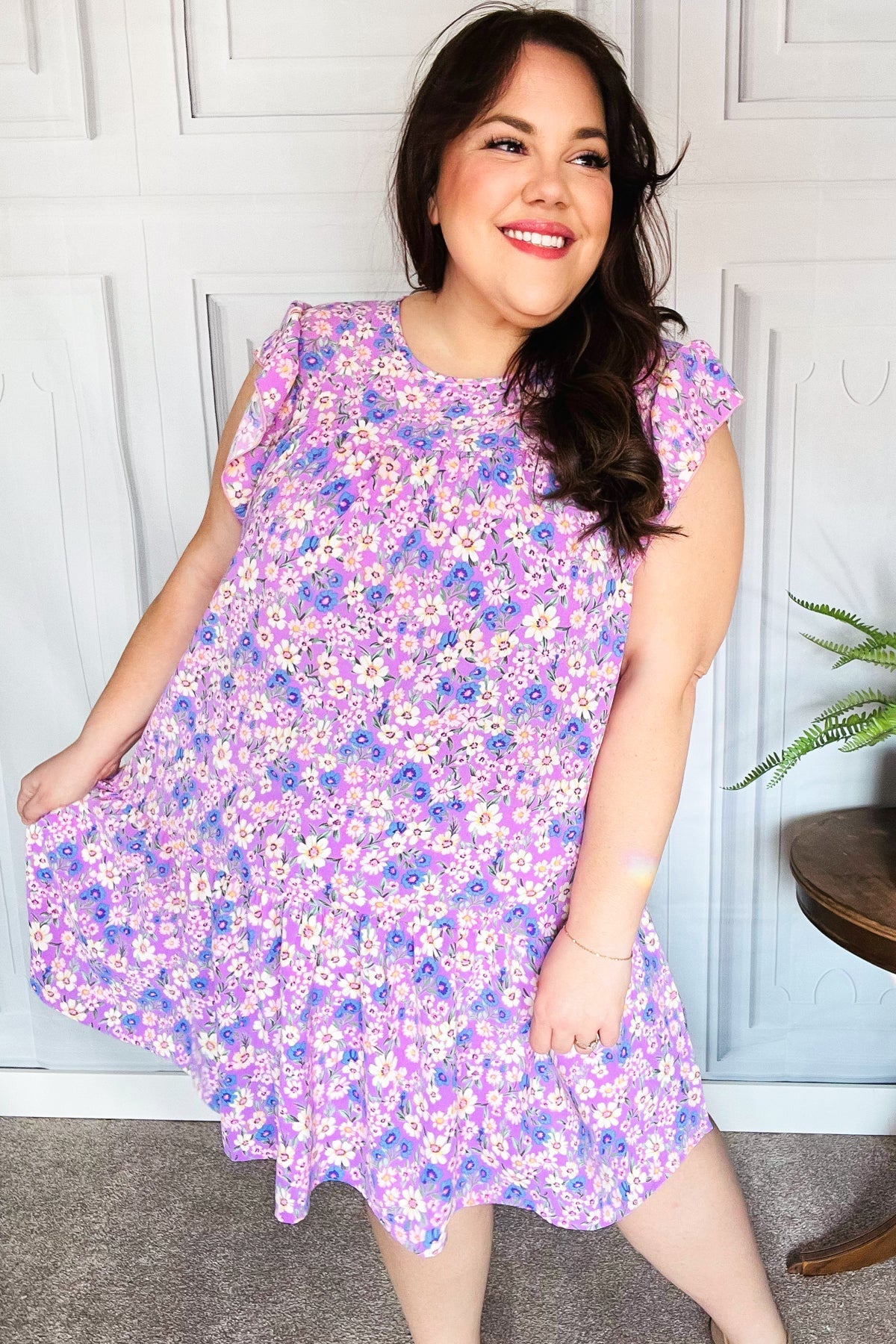 Lilac Floral Tiered Ruffle Sleeve Woven Dress