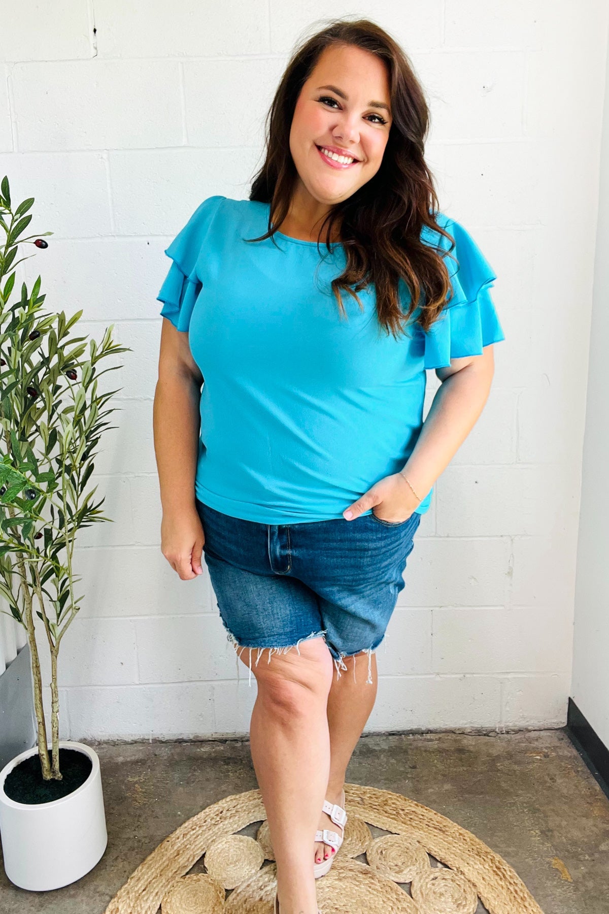 Blue Tiered Double Ruffle Sleeve Woven Top