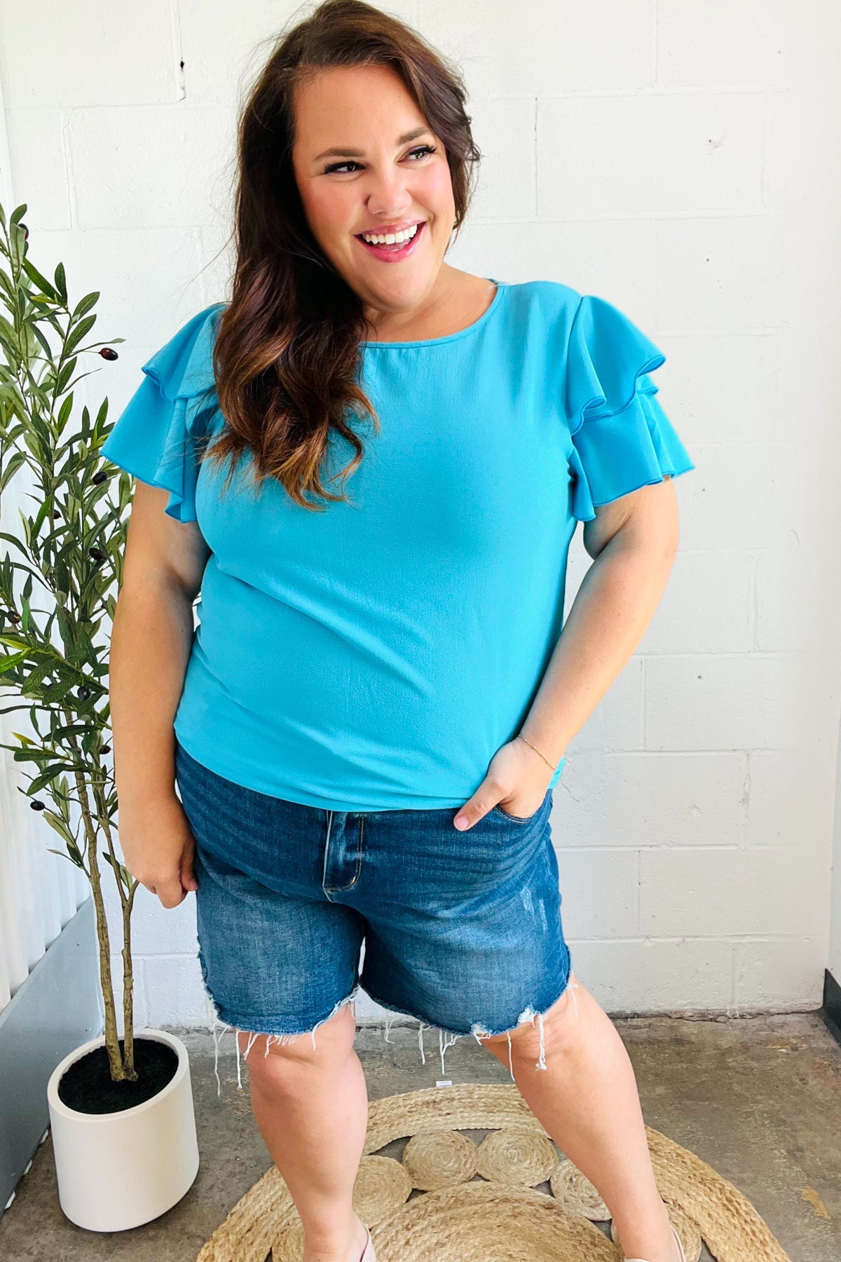 Blue Tiered Double Ruffle Sleeve Woven Top