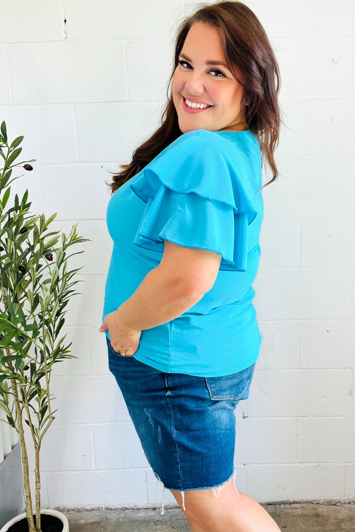 Blue Tiered Double Ruffle Sleeve Woven Top