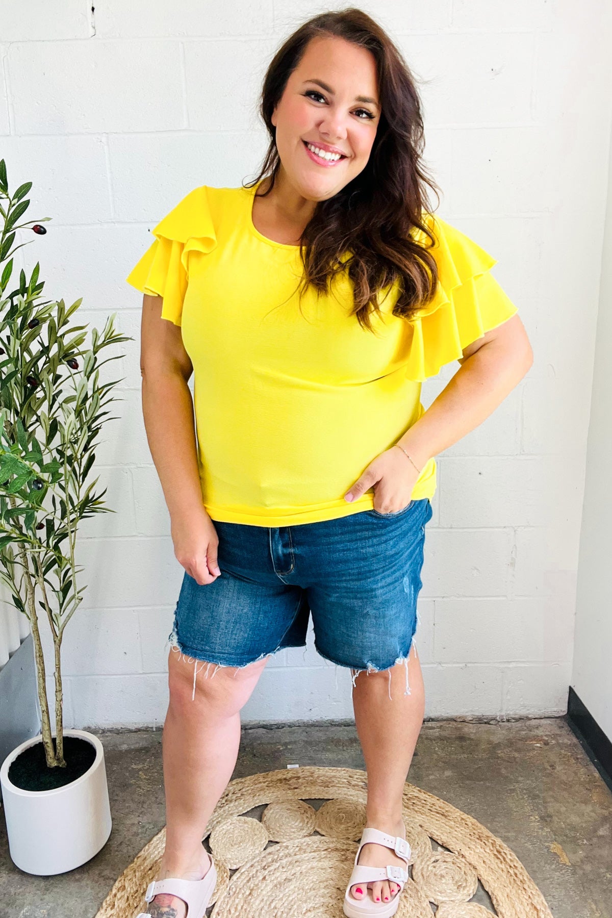 Yellow Tiered Double Ruffle Sleeve Woven Top