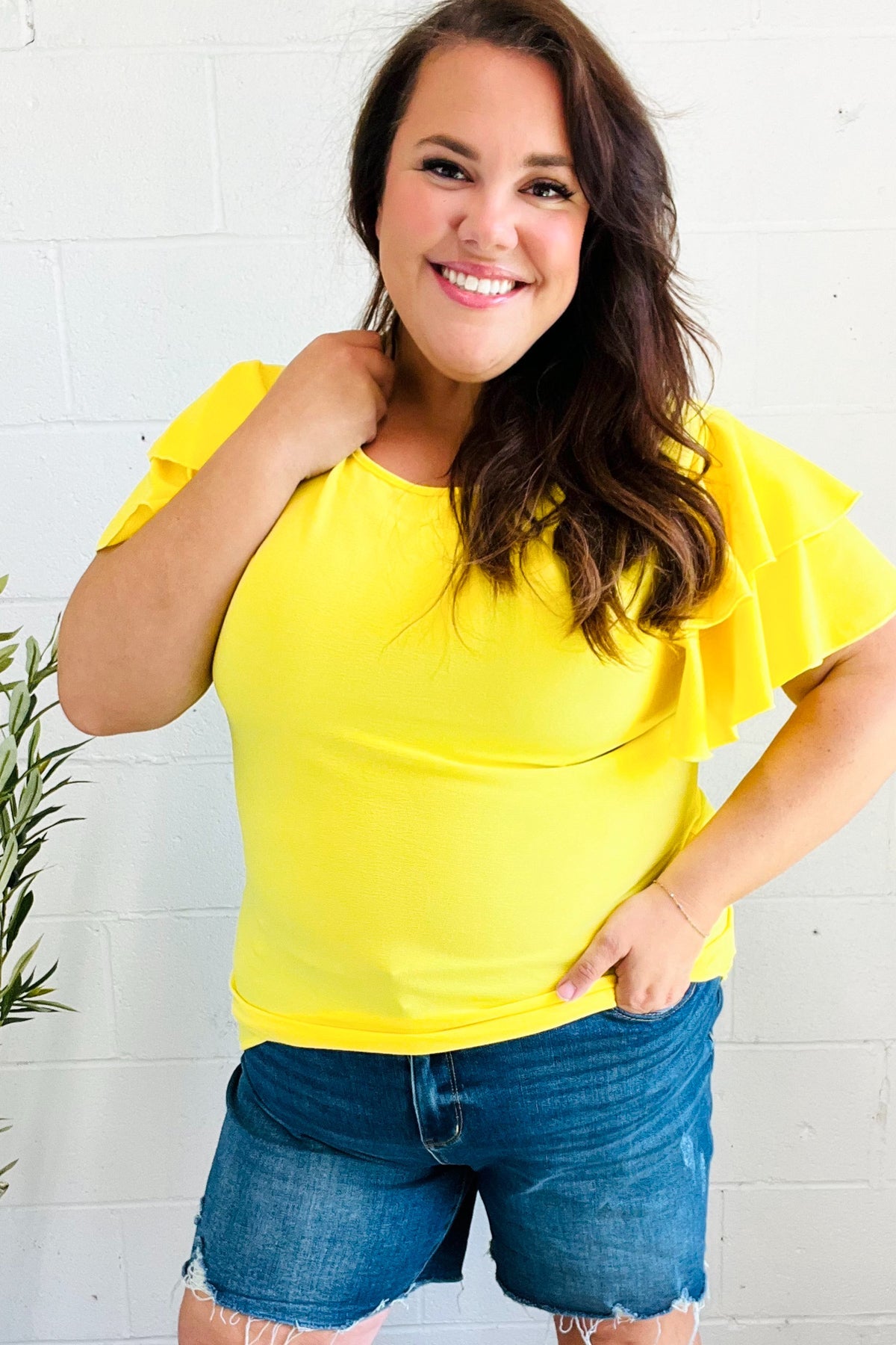 Yellow Tiered Double Ruffle Sleeve Woven Top