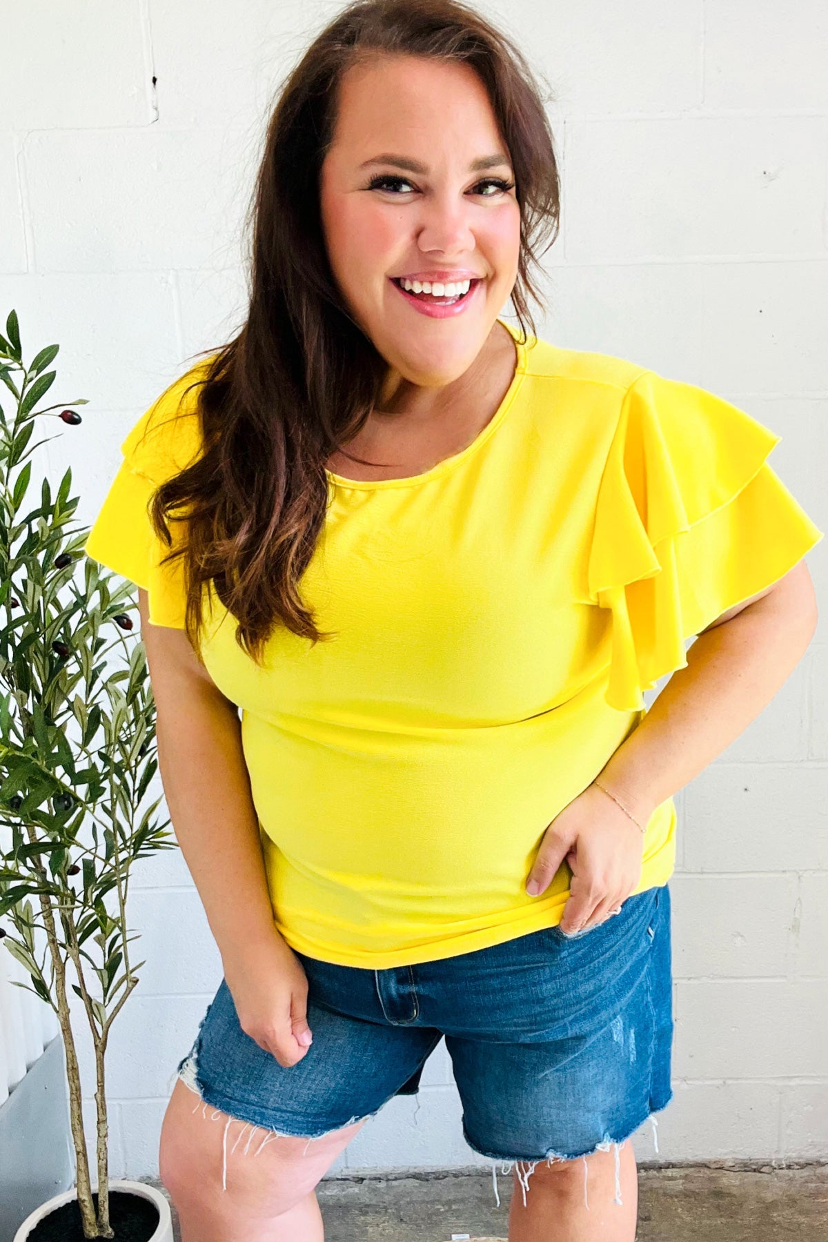 Yellow Tiered Double Ruffle Sleeve Woven Top