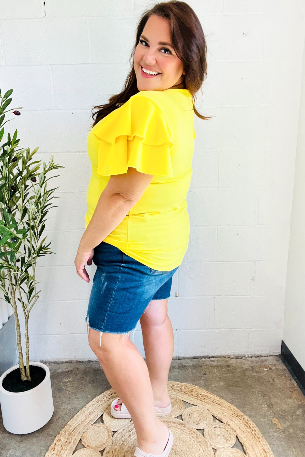 Yellow Tiered Double Ruffle Sleeve Woven Top