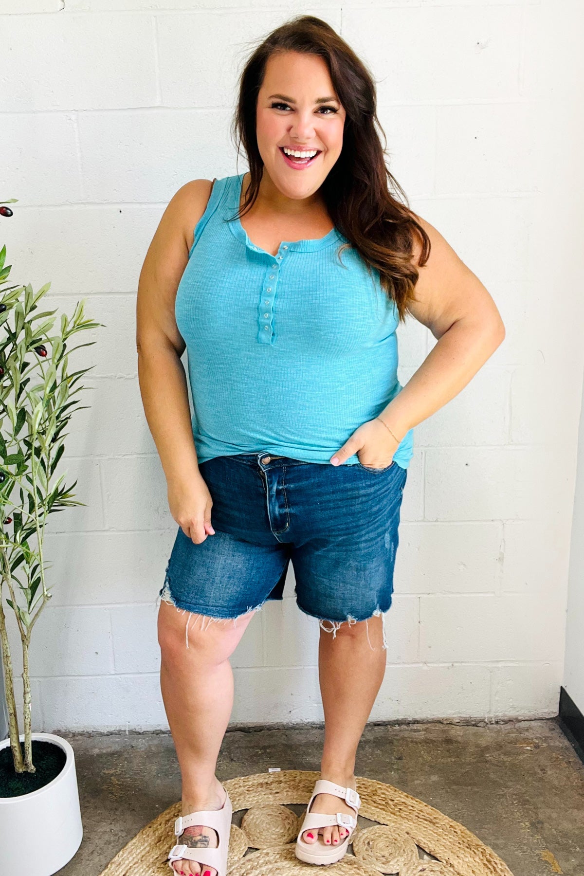 Ice Blue Melange Ribbed Henley Button Down Tank