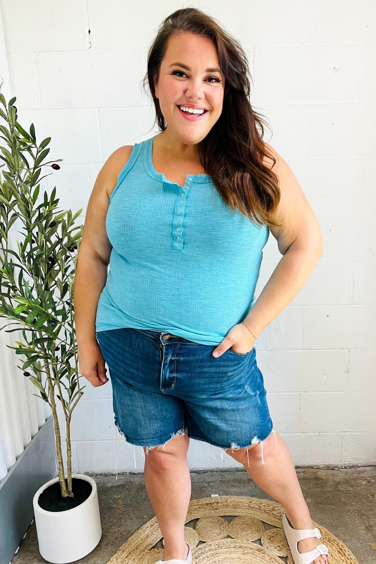 Ice Blue Melange Ribbed Henley Button Down Tank