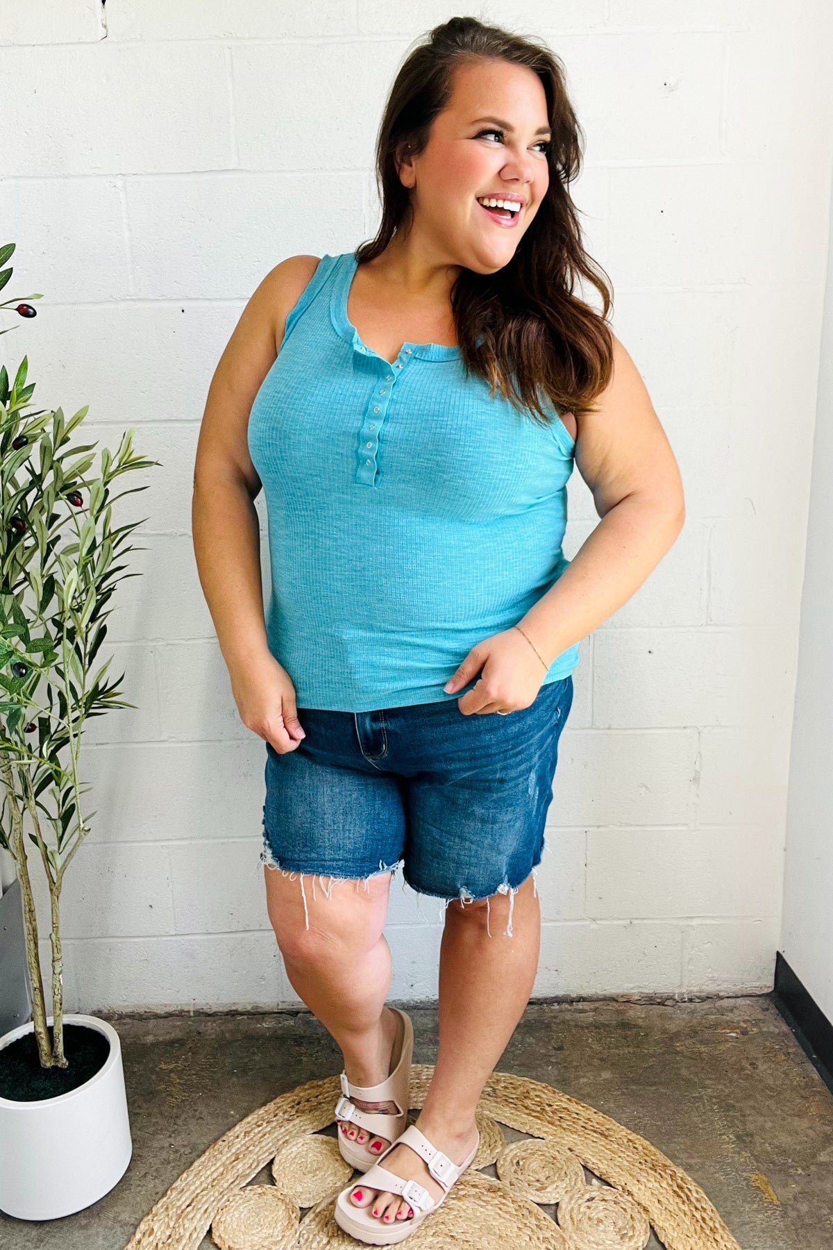 Ice Blue Melange Ribbed Henley Button Down Tank