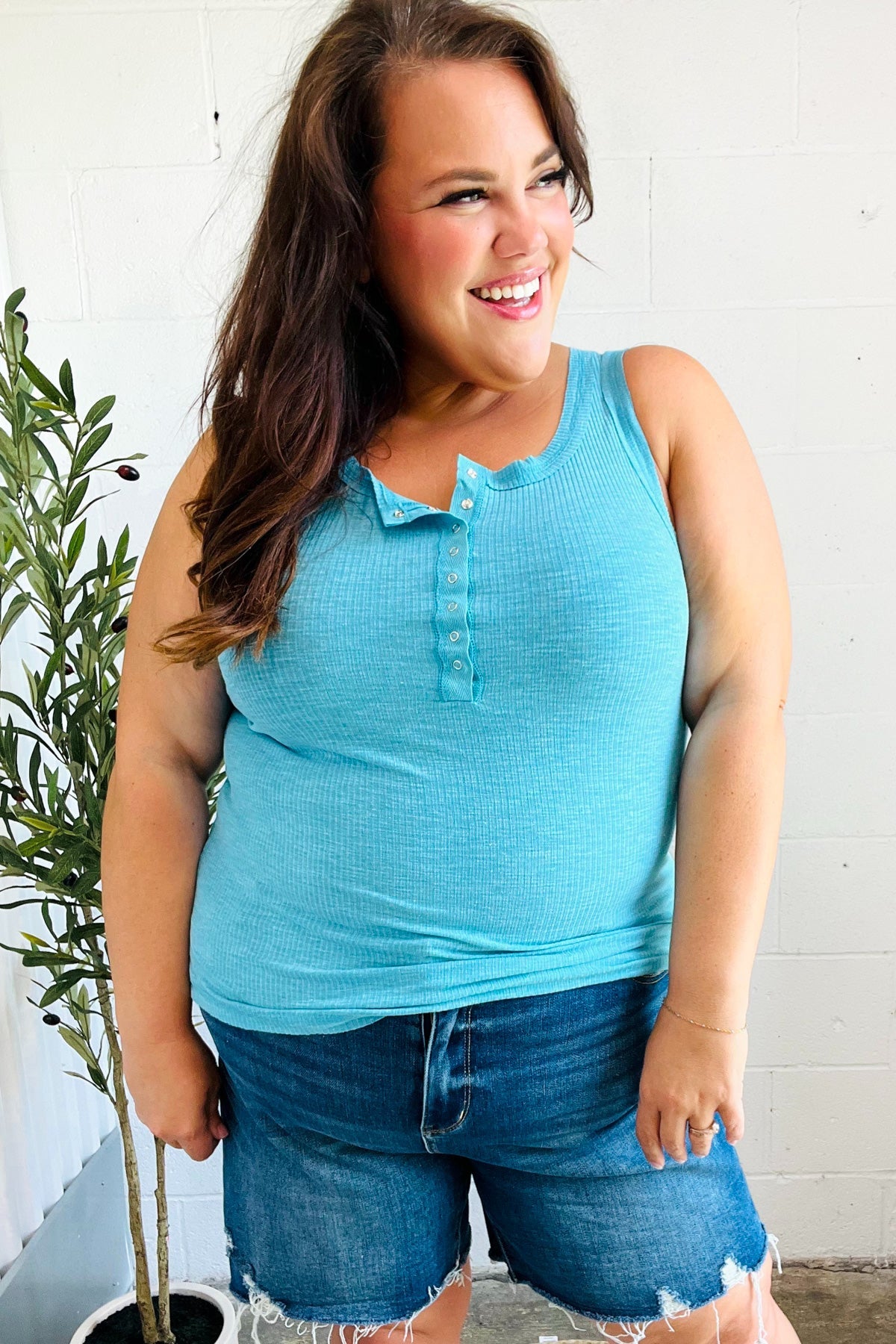 Ice Blue Melange Ribbed Henley Button Down Tank