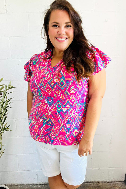 Fuchsia Boho Ikat Frill Notch Neck Top