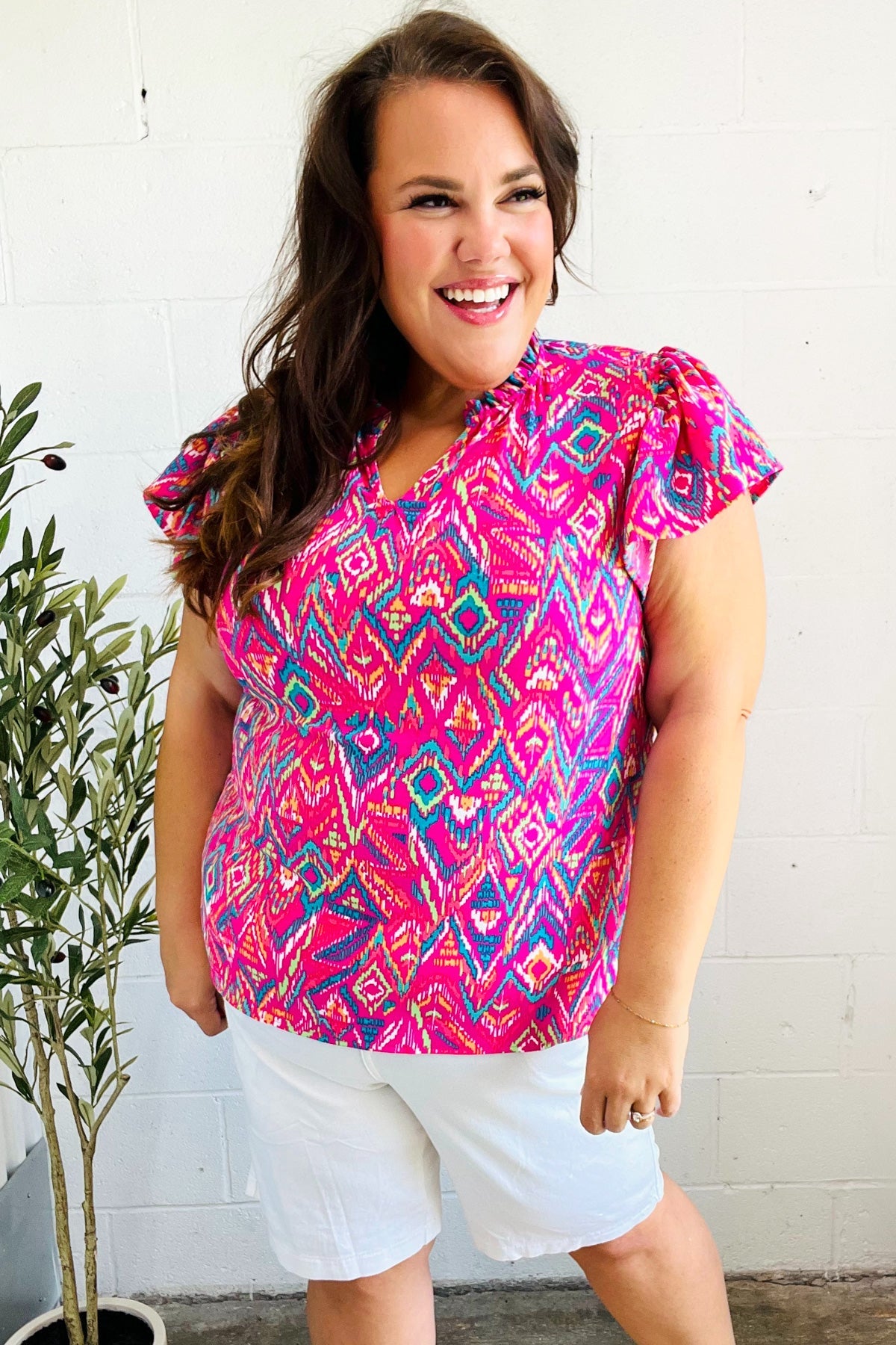 Fuchsia Boho Ikat Frill Notch Neck Top