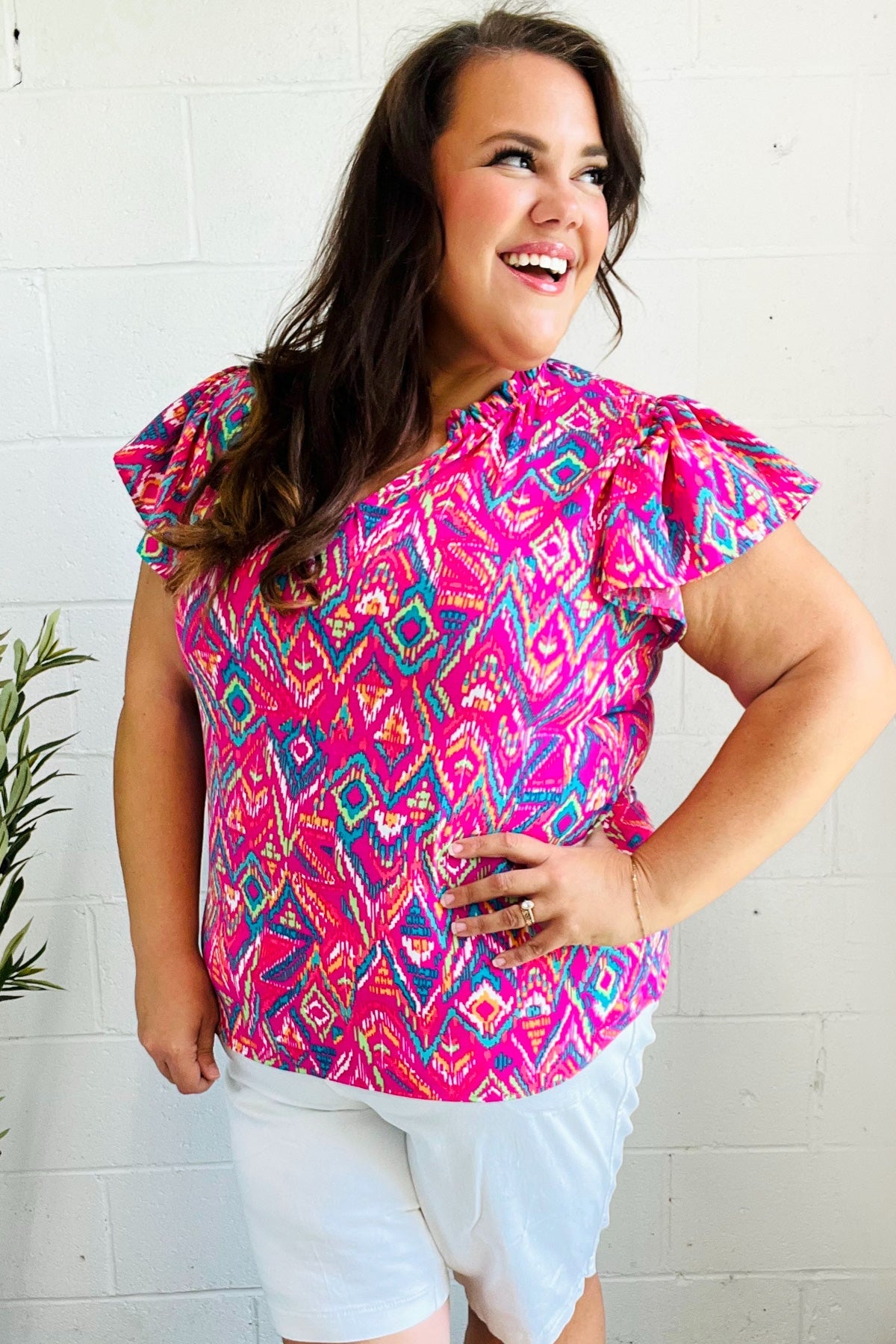 Fuchsia Boho Ikat Frill Notch Neck Top