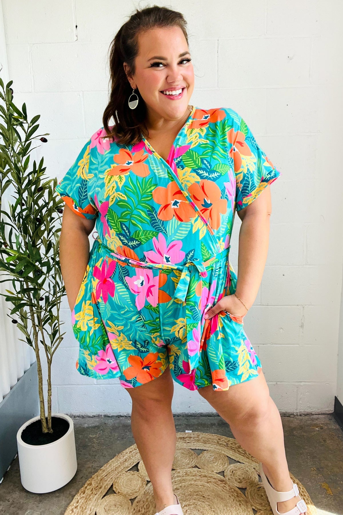 Turquoise Floral Surplice Tie Waist Romper